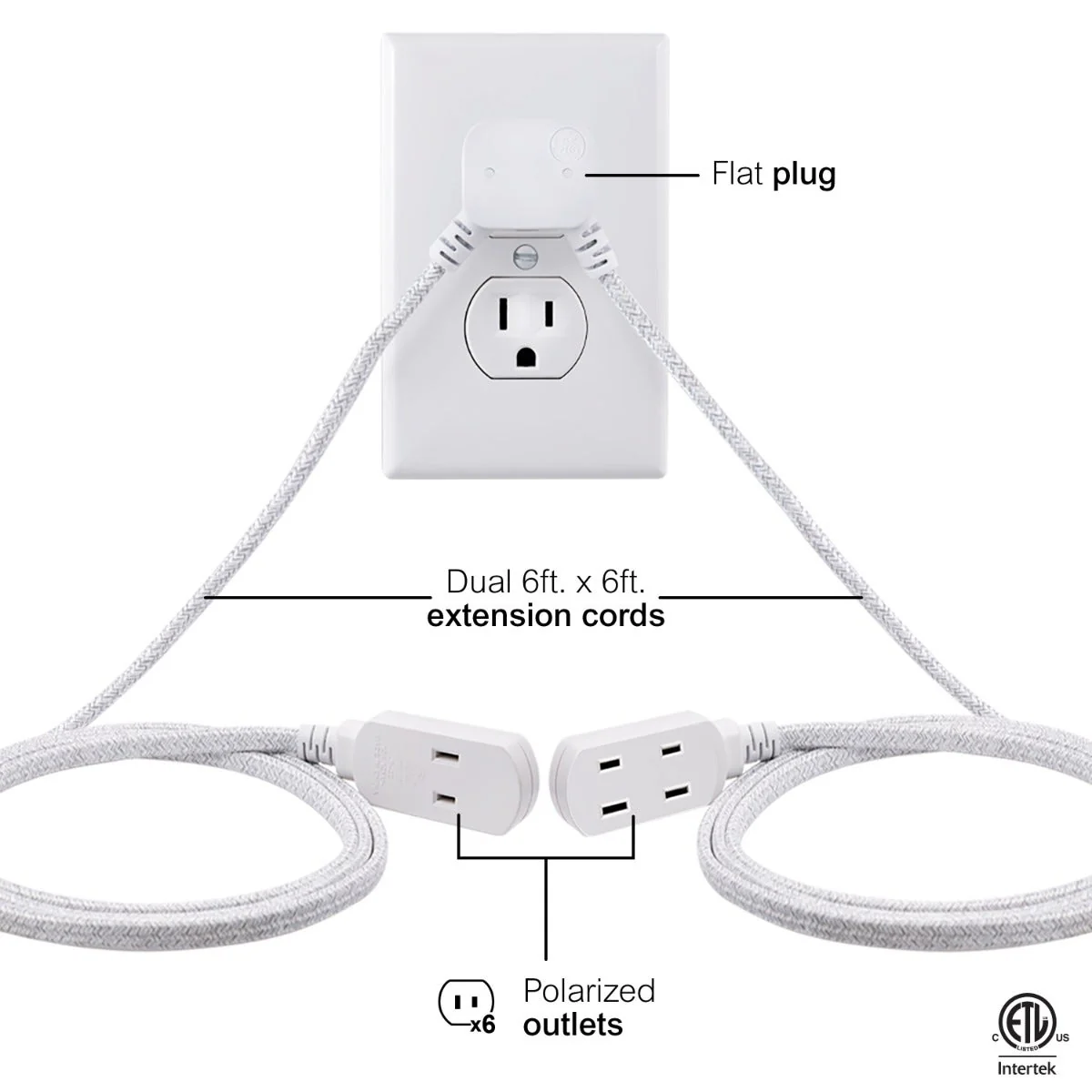 GE 3-Outlet 6ft. Dual Split Braided Extension Cord, White - Image 3