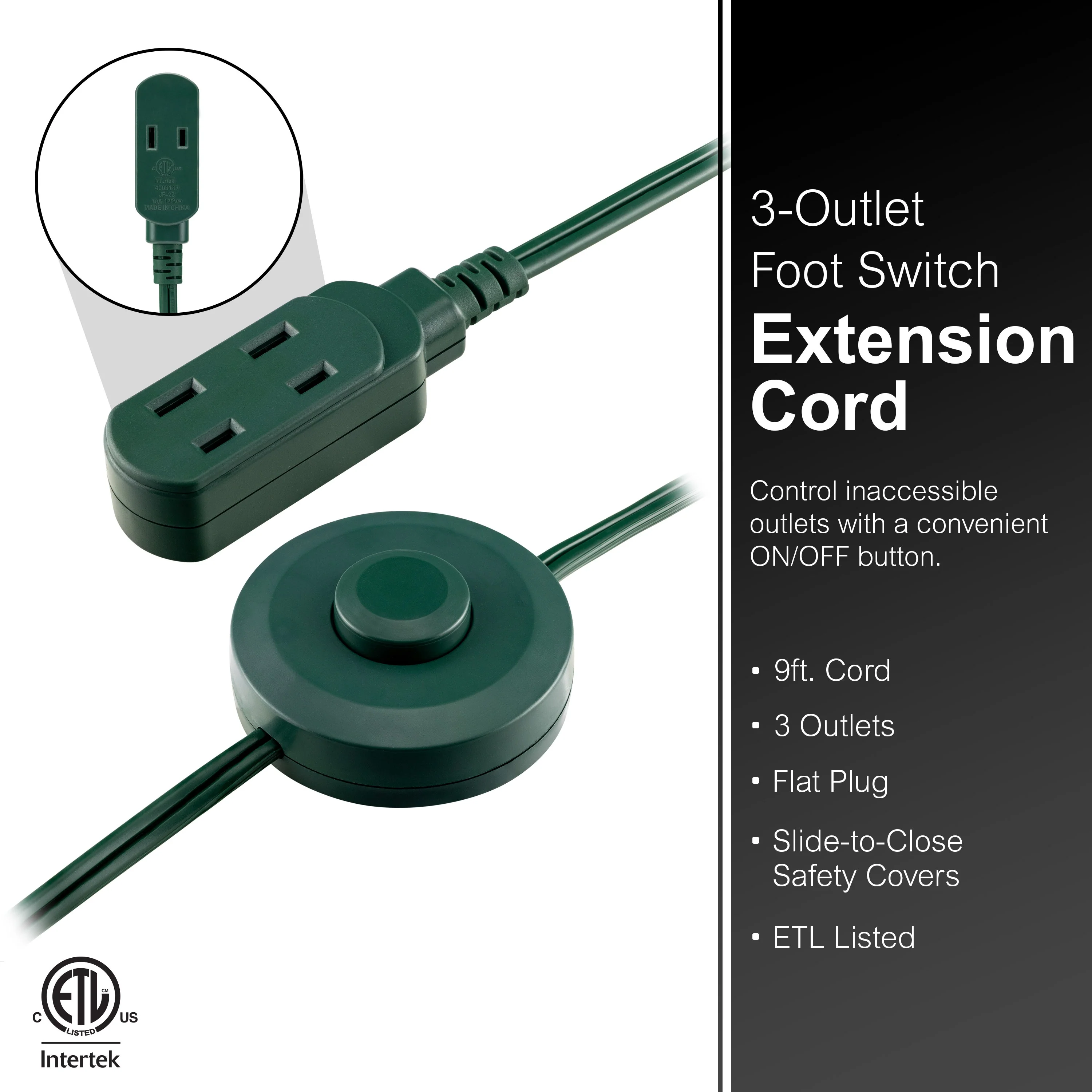 GE 3-Outlet 9ft. Extension Cord with Footswitch, Green - Image 4