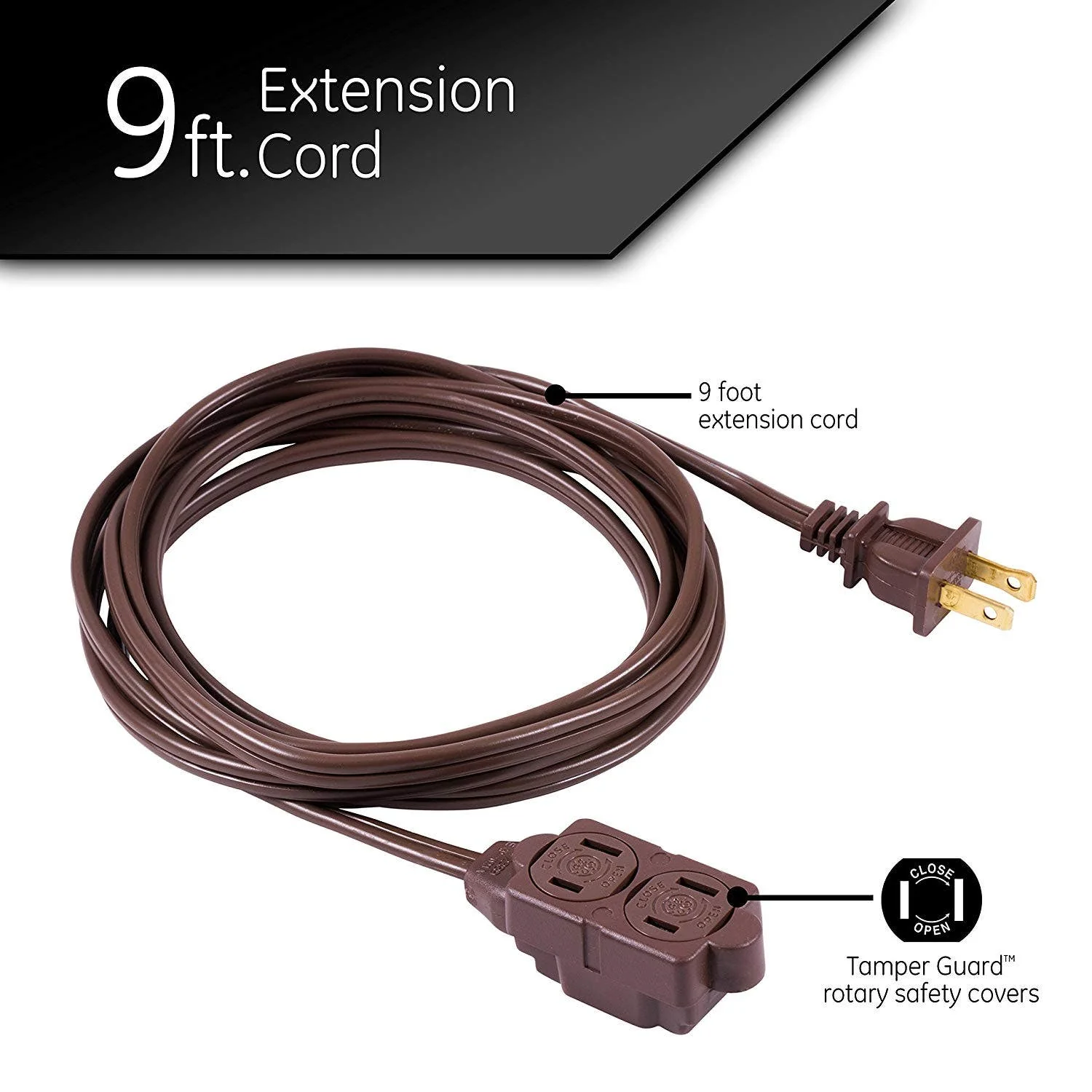 GE 3-Outlet 9ft. Extension Cord with Twist-to-Close Outlets, Brown - Image 3