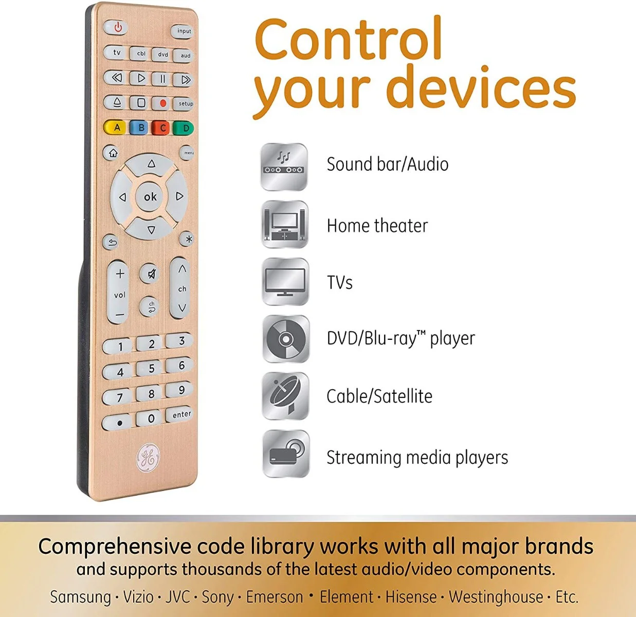 GE 4-Device Backlit Universal Remote, Brushed Gold - Image 5