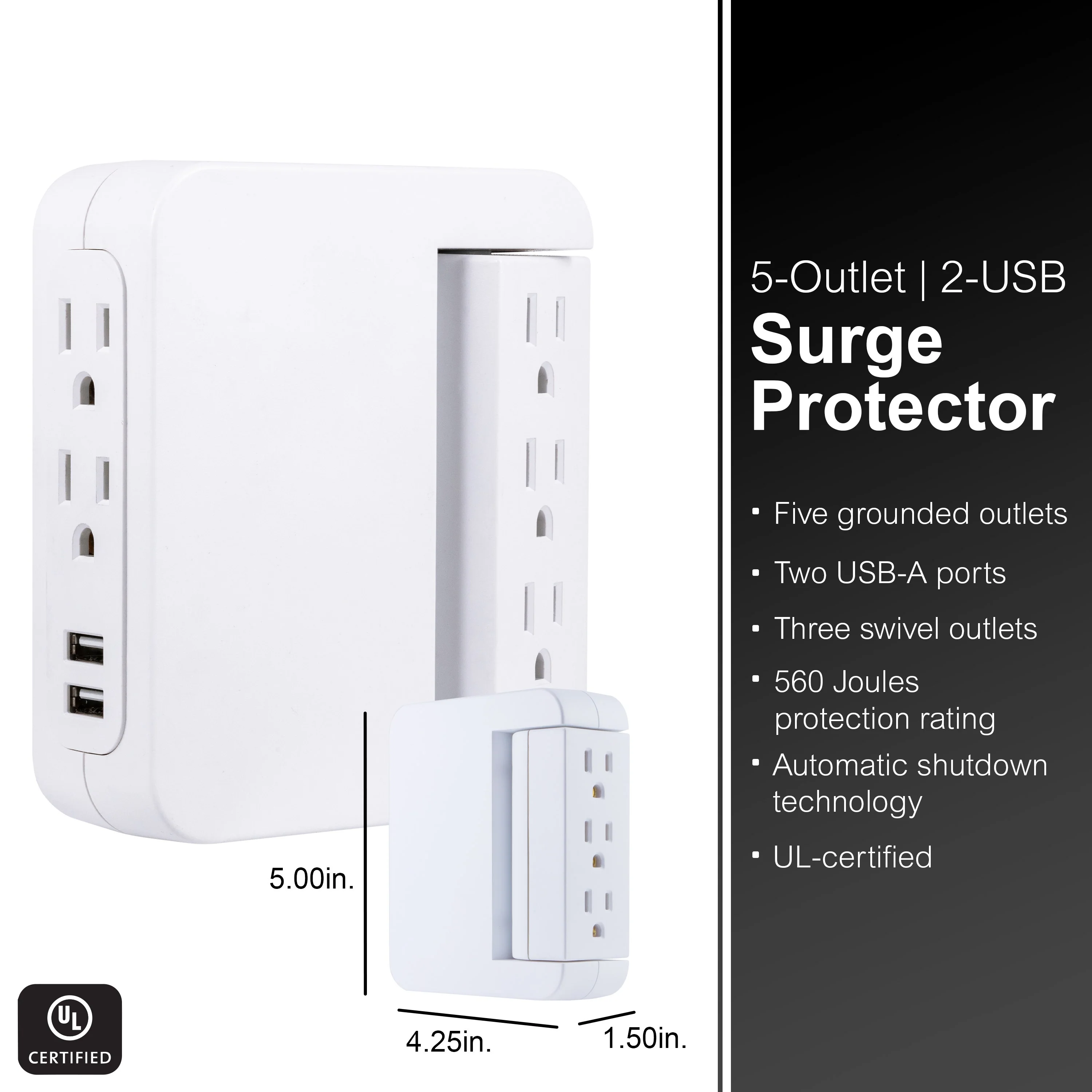 GE 5-Outlet 2-USB Wall Tap with Surge Protection and Swivel Outlets, White - Image 3