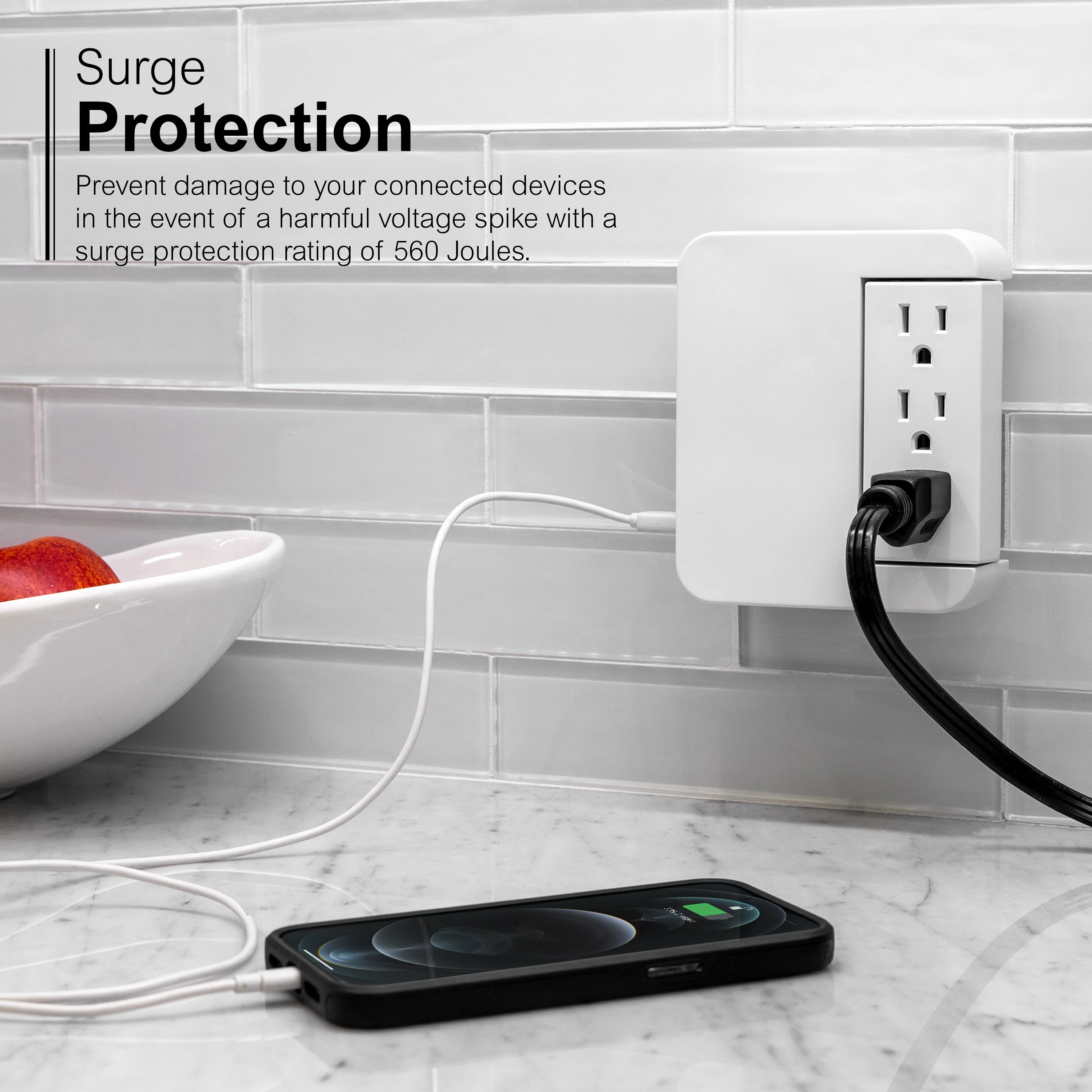 GE 5-Outlet 2-USB Wall Tap with Surge Protection and Swivel Outlets, White - Image 4