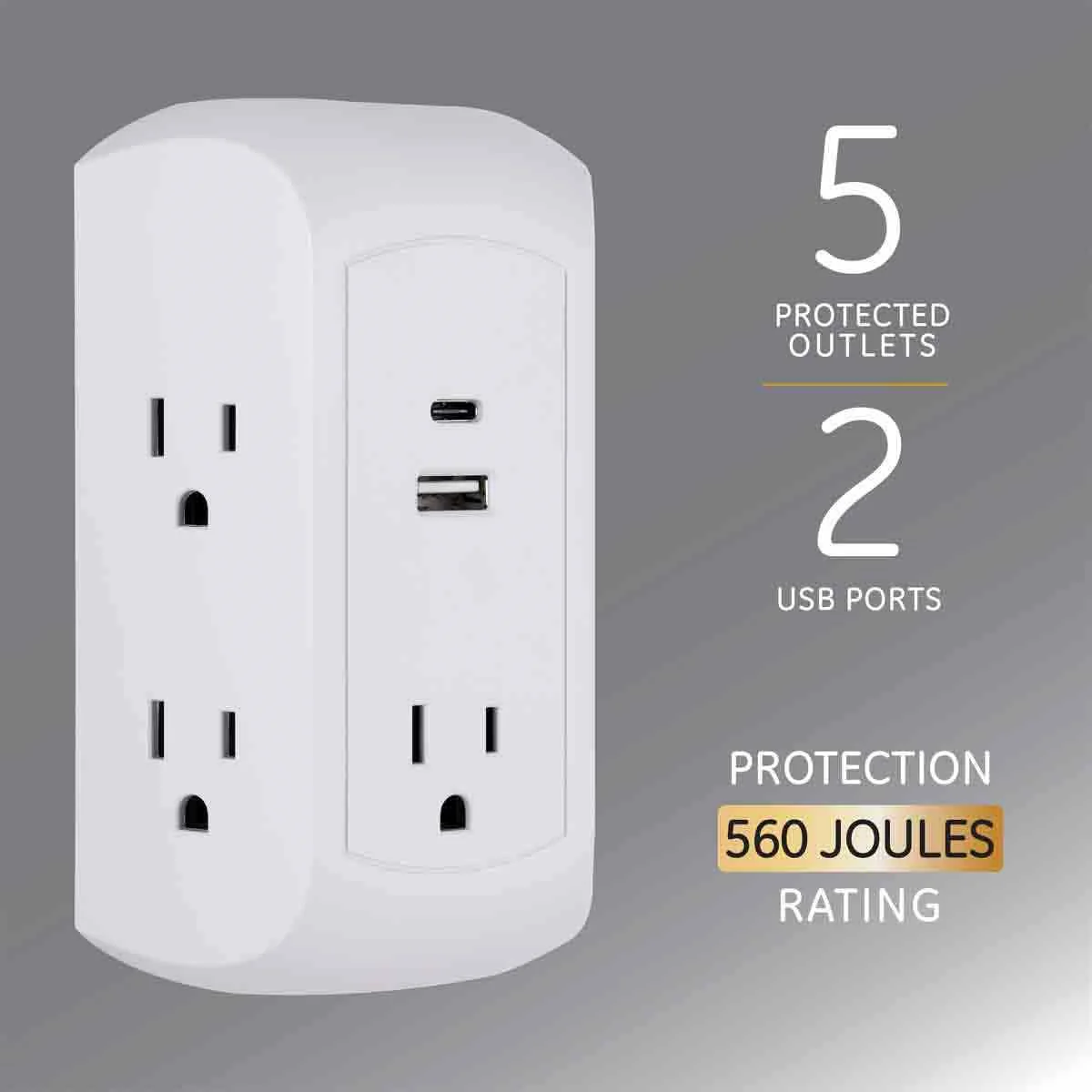 GE 5-Outlet 2-USB Wall Tap with Surge Protection and USB-C, White - Image 4