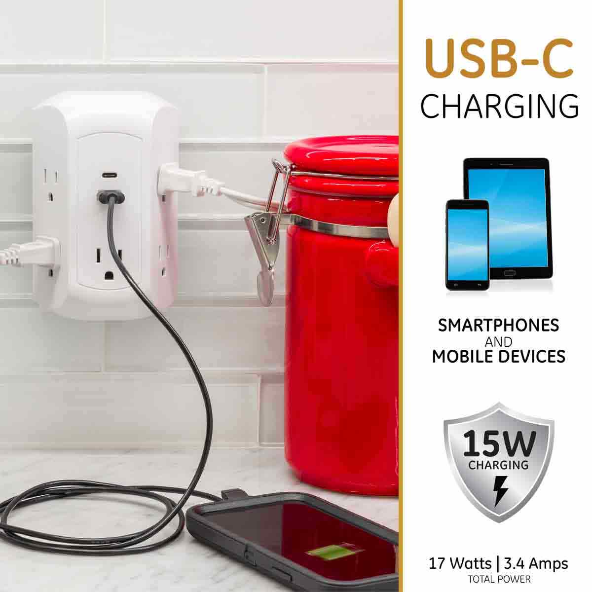 GE 5-Outlet 2-USB Wall Tap with Surge Protection and USB-C, White - Image 5