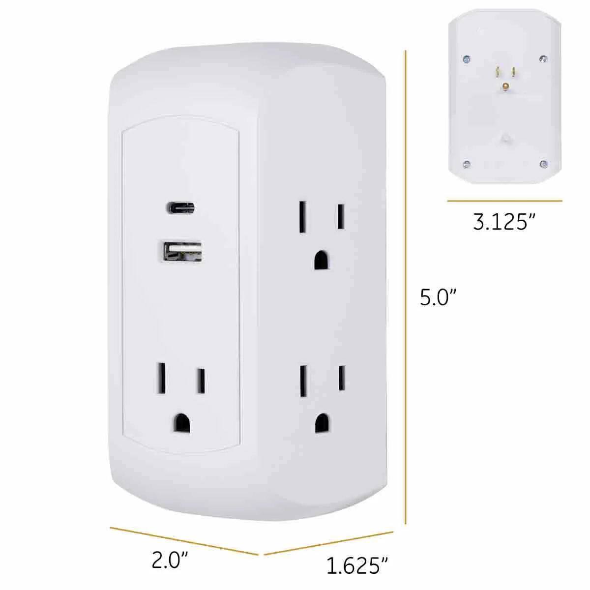 GE 5-Outlet 2-USB Wall Tap with Surge Protection and USB-C, White - Image 6
