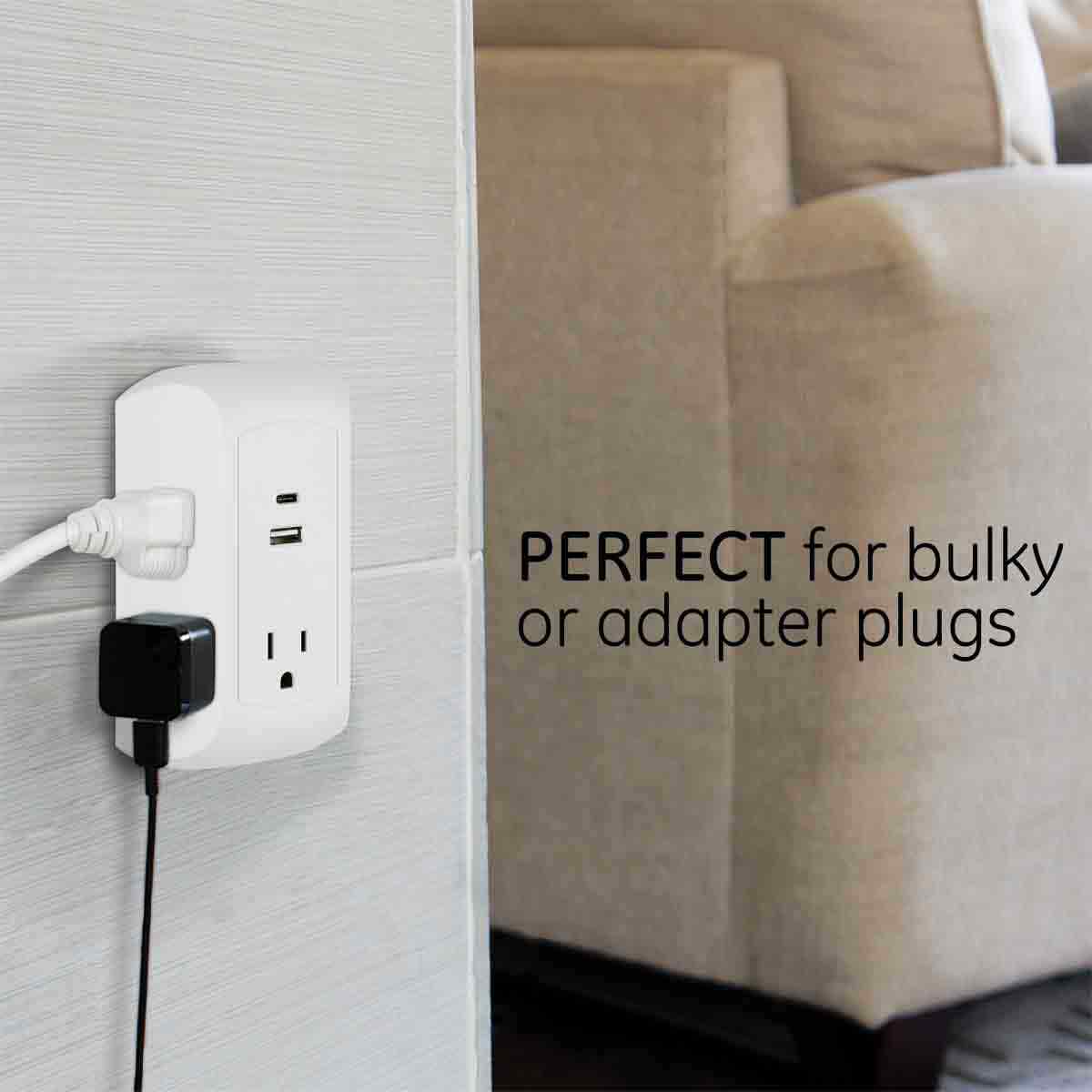 GE 5-Outlet 2-USB Wall Tap with Surge Protection and USB-C, White - Image 7
