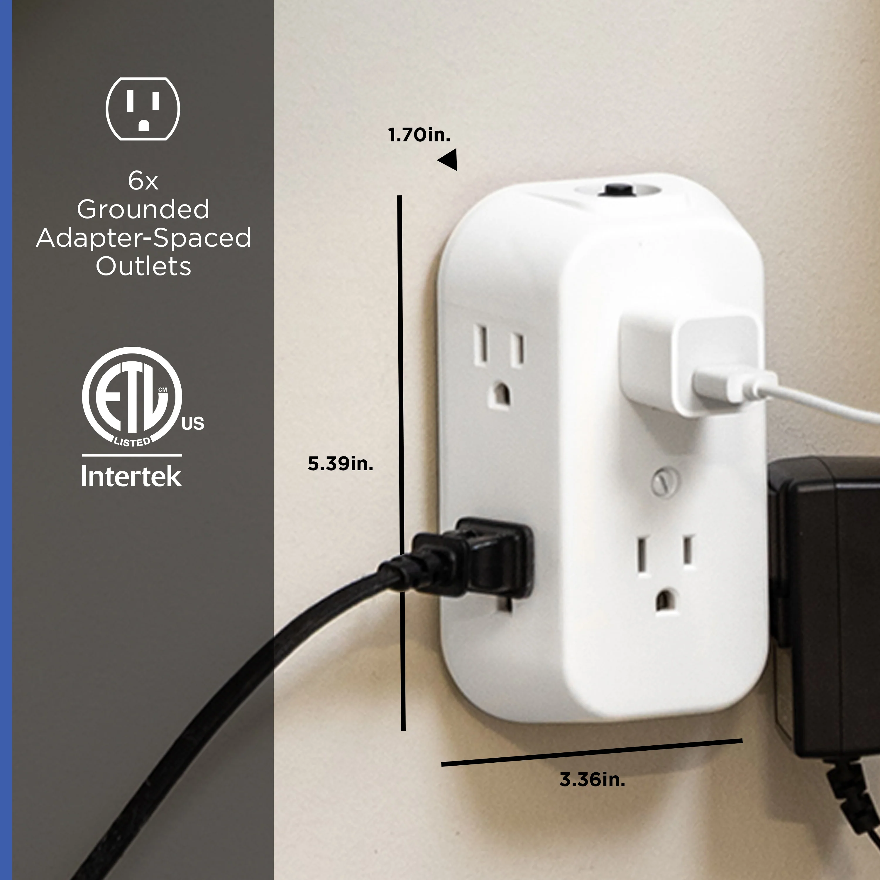 GE 6-AC Wall Tap w/ Resettable Circuit Breaker, White, 2pk - Image 2