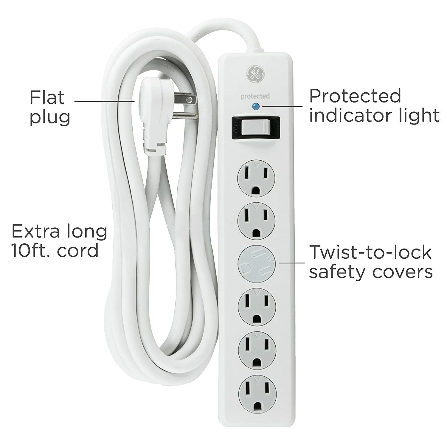 GE 6-Outlet 10ft. Surge Protector With Twist-To-Close Safety Covers, White - Image 3