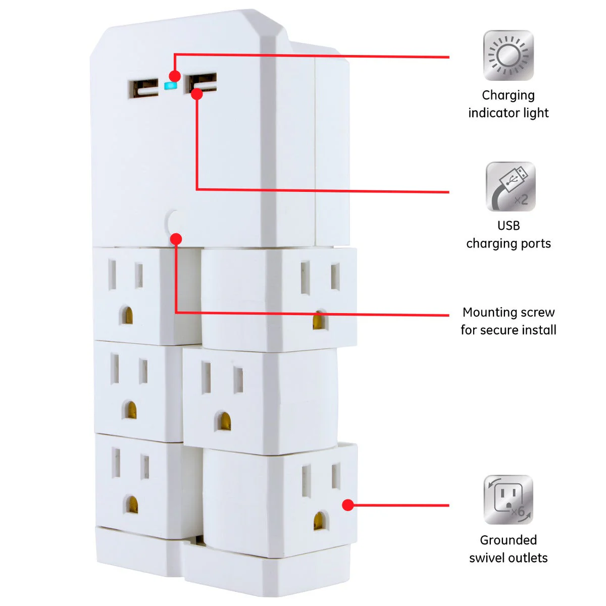 GE 6-Outlet 2-USB Wall Tap with Surge Protection and Swivel Outlets, White - Image 3