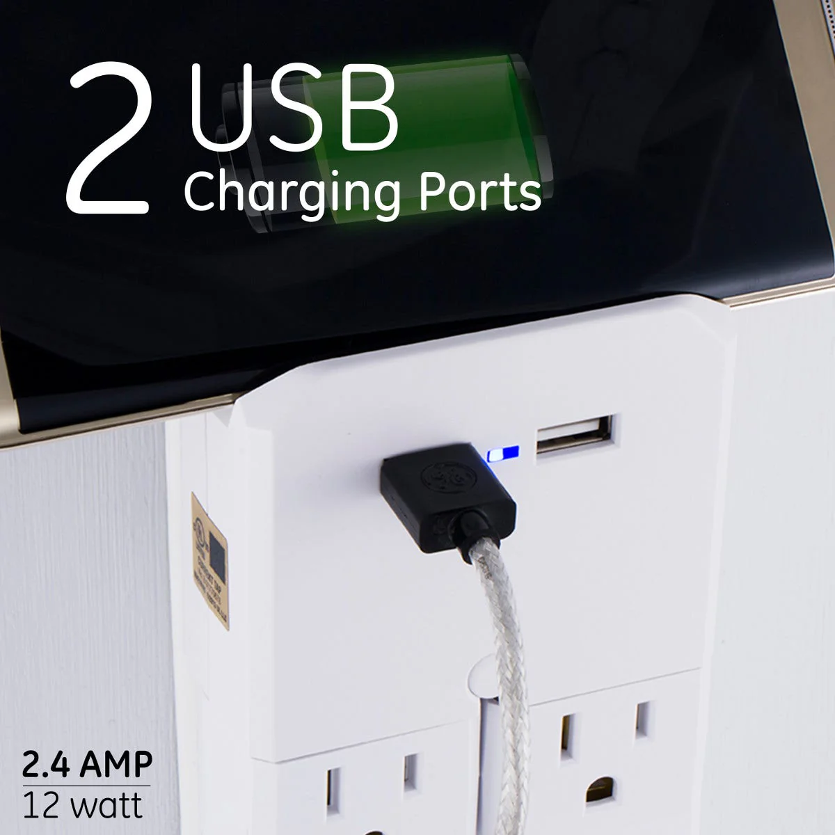 GE 6-Outlet 2-USB Wall Tap with Surge Protection and Swivel Outlets, White - Image 6