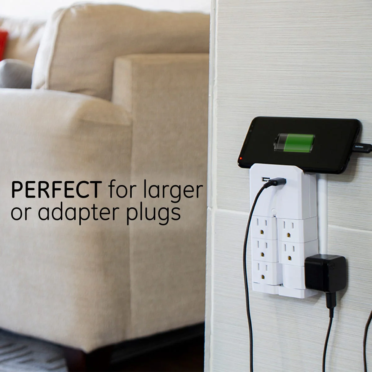 GE 6-Outlet 2-USB Wall Tap with Surge Protection and Swivel Outlets, White - Image 8