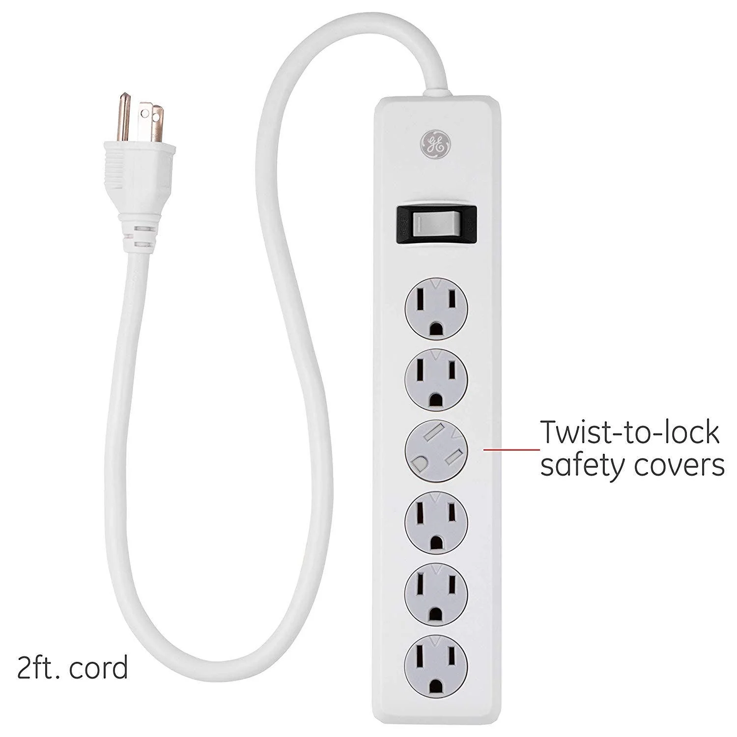 GE 6-Outlet 2ft. Surge Protector with Twist-to-Close Safety Covers, White - Image 3