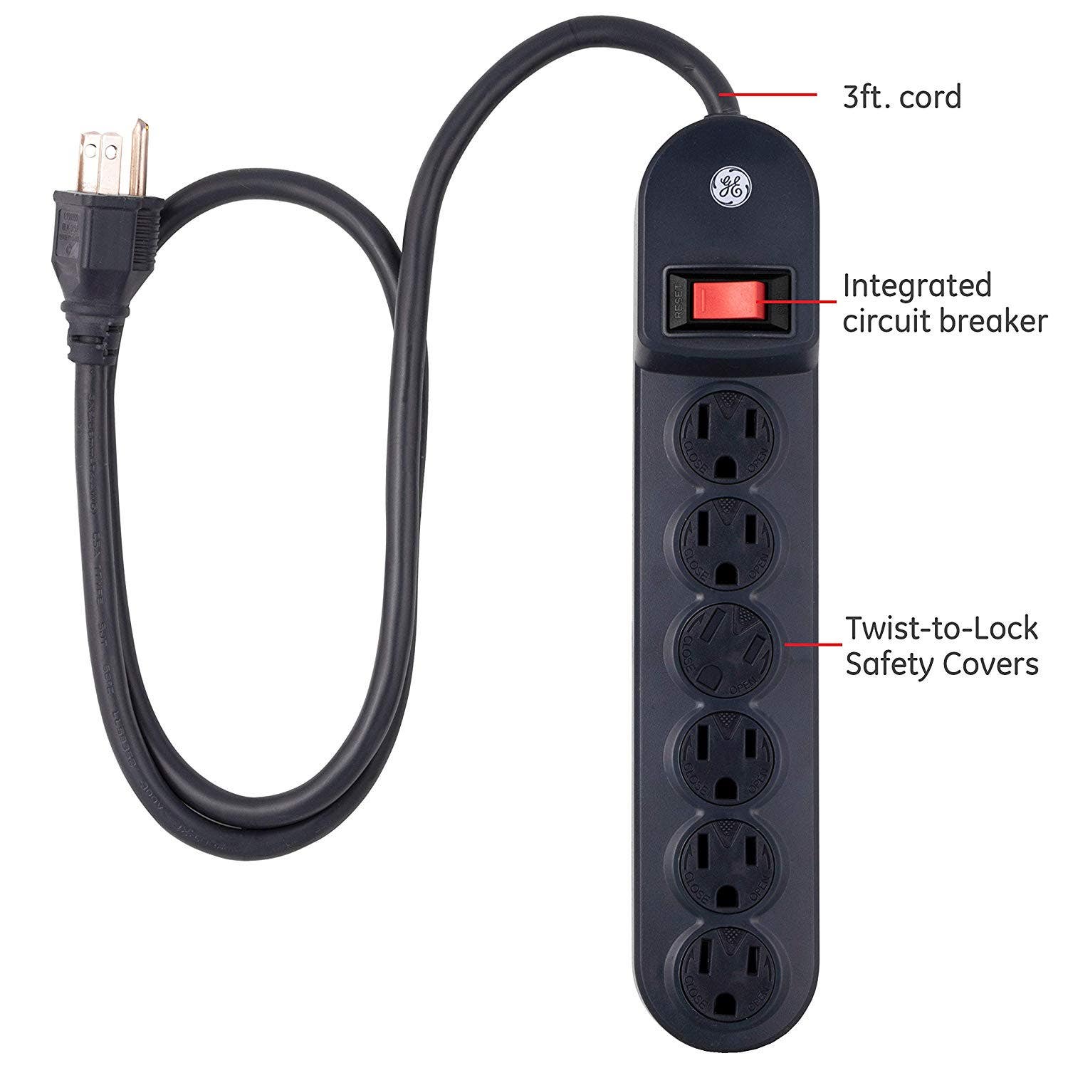 GE 6-Outlet 3ft. Power Strip with Twist-to-Close Safety Covers, Black - Image 3