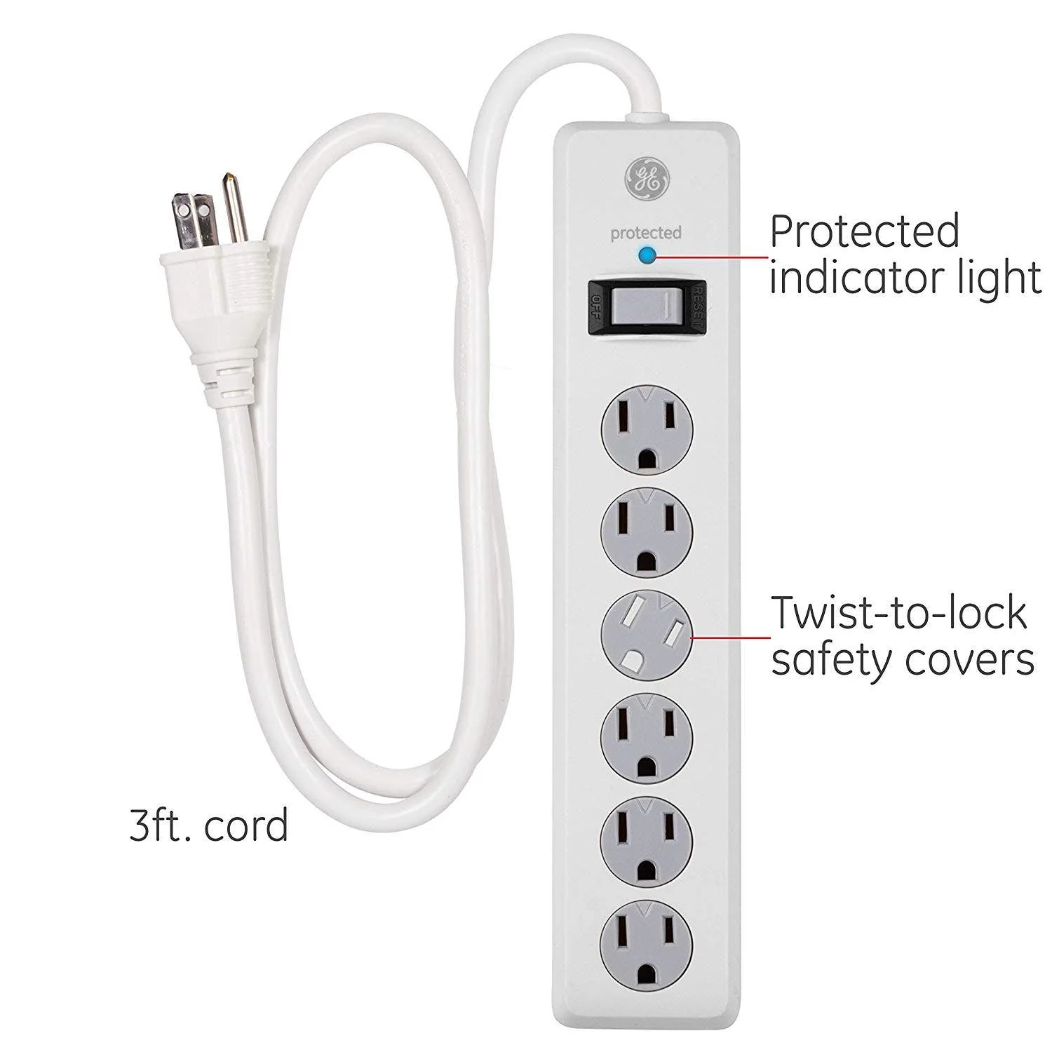 GE 6-Outlet 3ft. Surge Protector with Twist-to-Close Safety Covers, White - Image 3