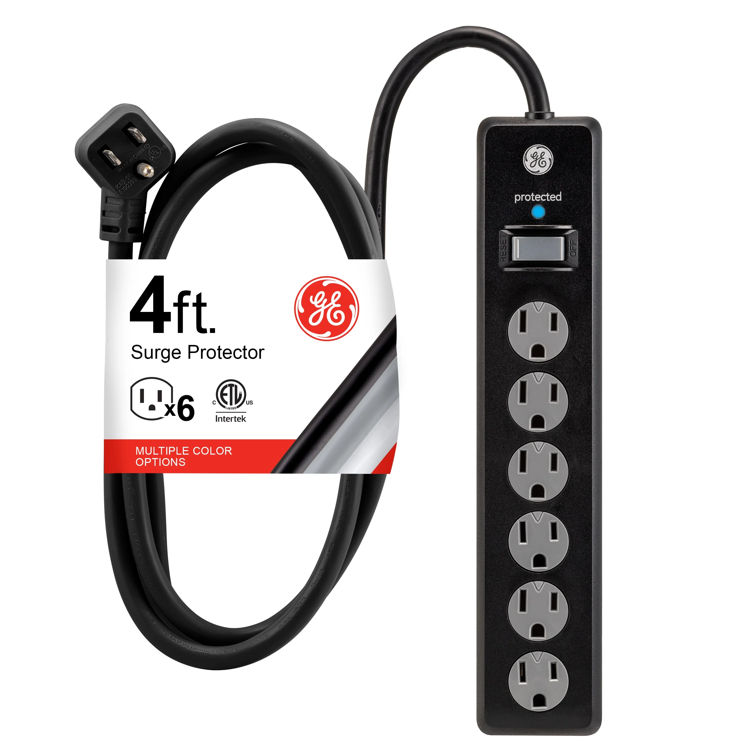 GE 6-Outlet 4ft. Surge Protector with Twist-to-Close Safety Covers, Black
