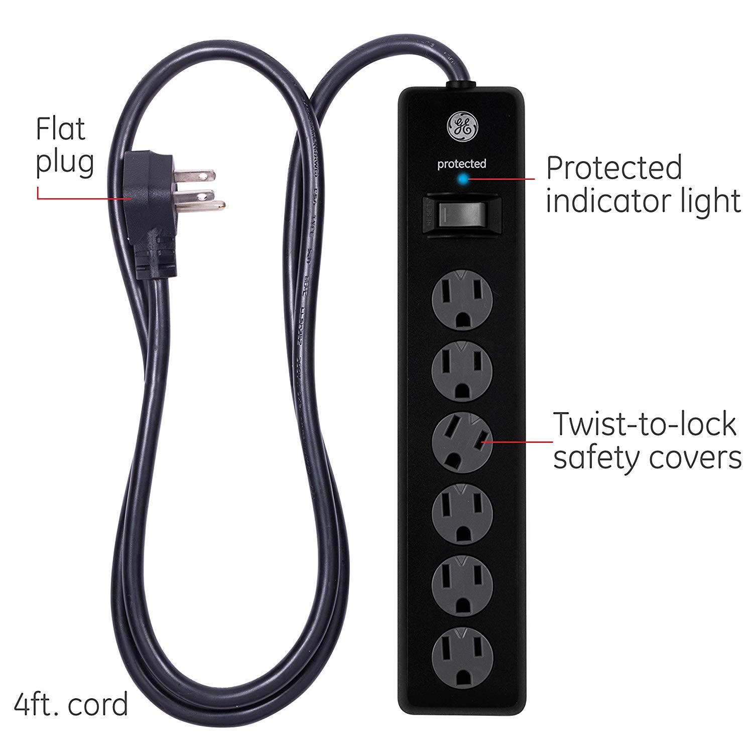 GE 6-Outlet 4ft. Surge Protector with Twist-to-Close Safety Covers, Black - Image 3