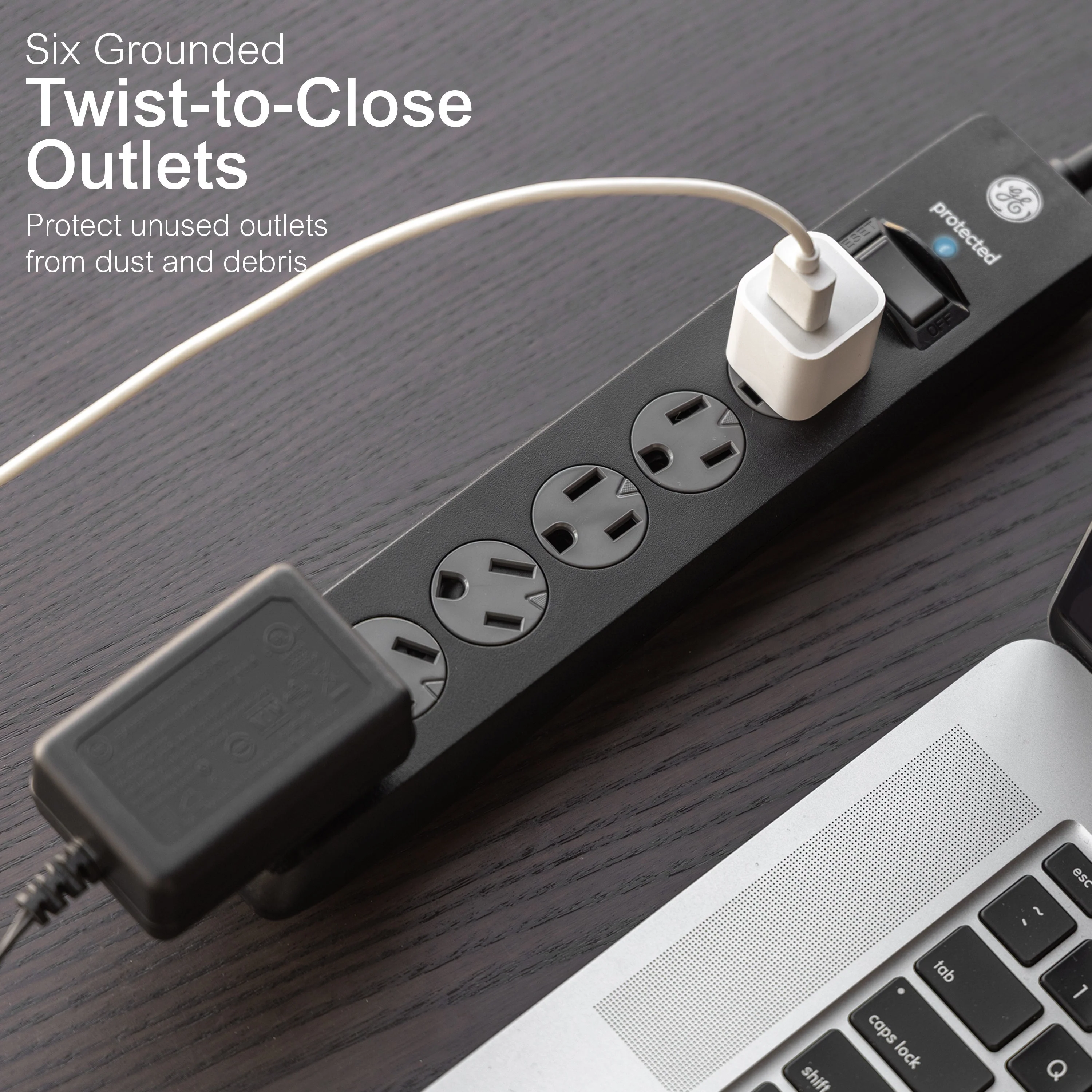 GE 6-Outlet 6ft. Surge Protector with Twist-to-Close Safety Outlets, Black - Image 3