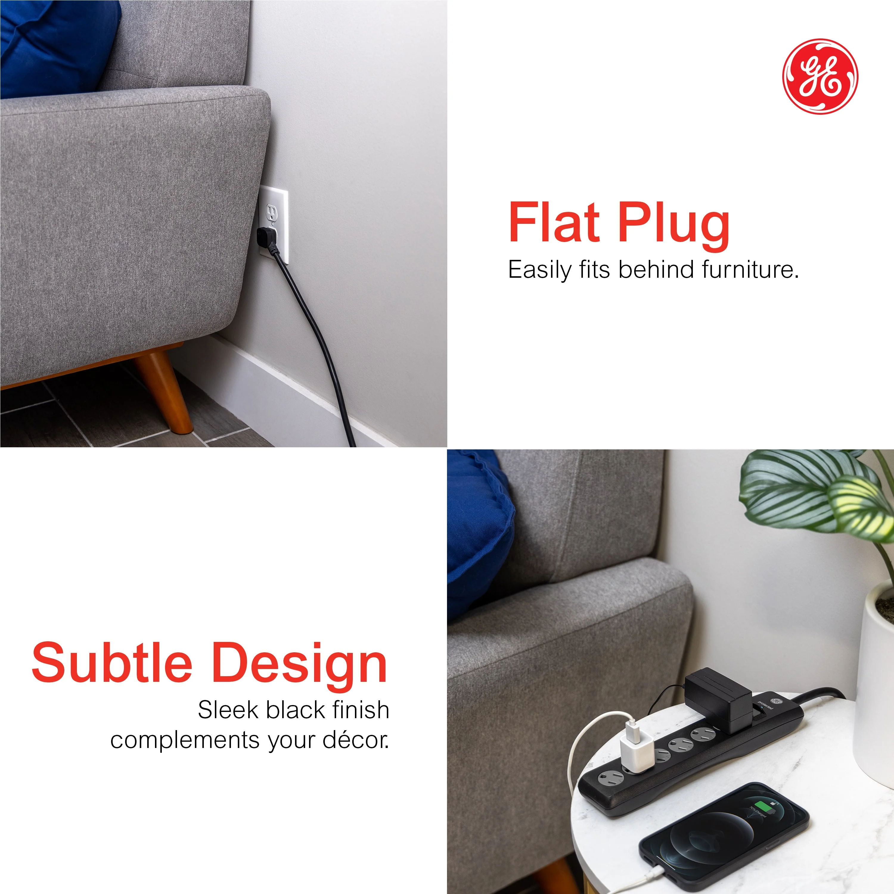 GE 6-Outlet 6ft. Surge Protector with Twist-to-Close Safety Outlets, Black - Image 4