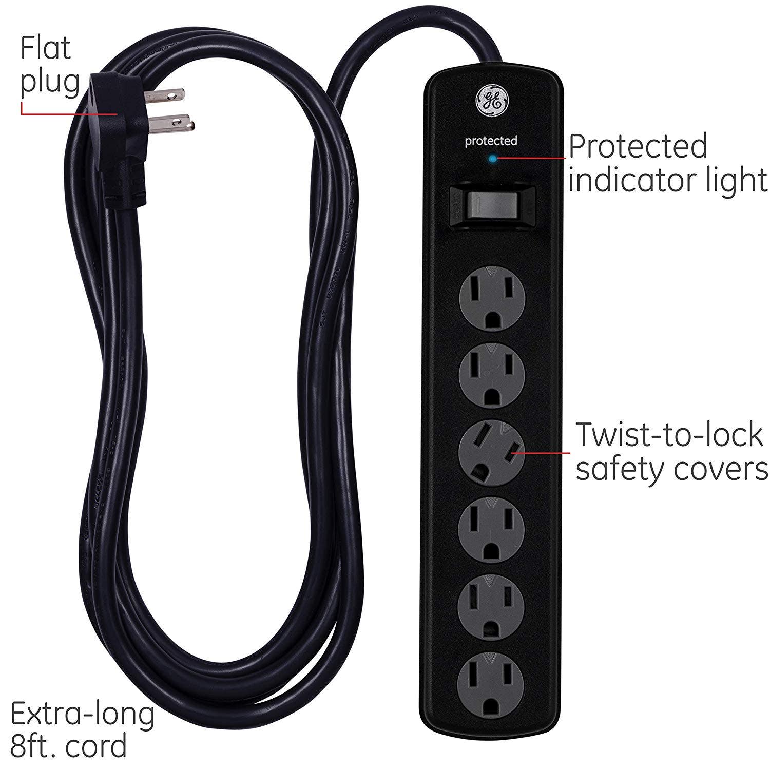 GE 6-Outlet 8ft. Surge Protector with Twist-to-Close Safety Covers, 2 Pack, Black - Image 4