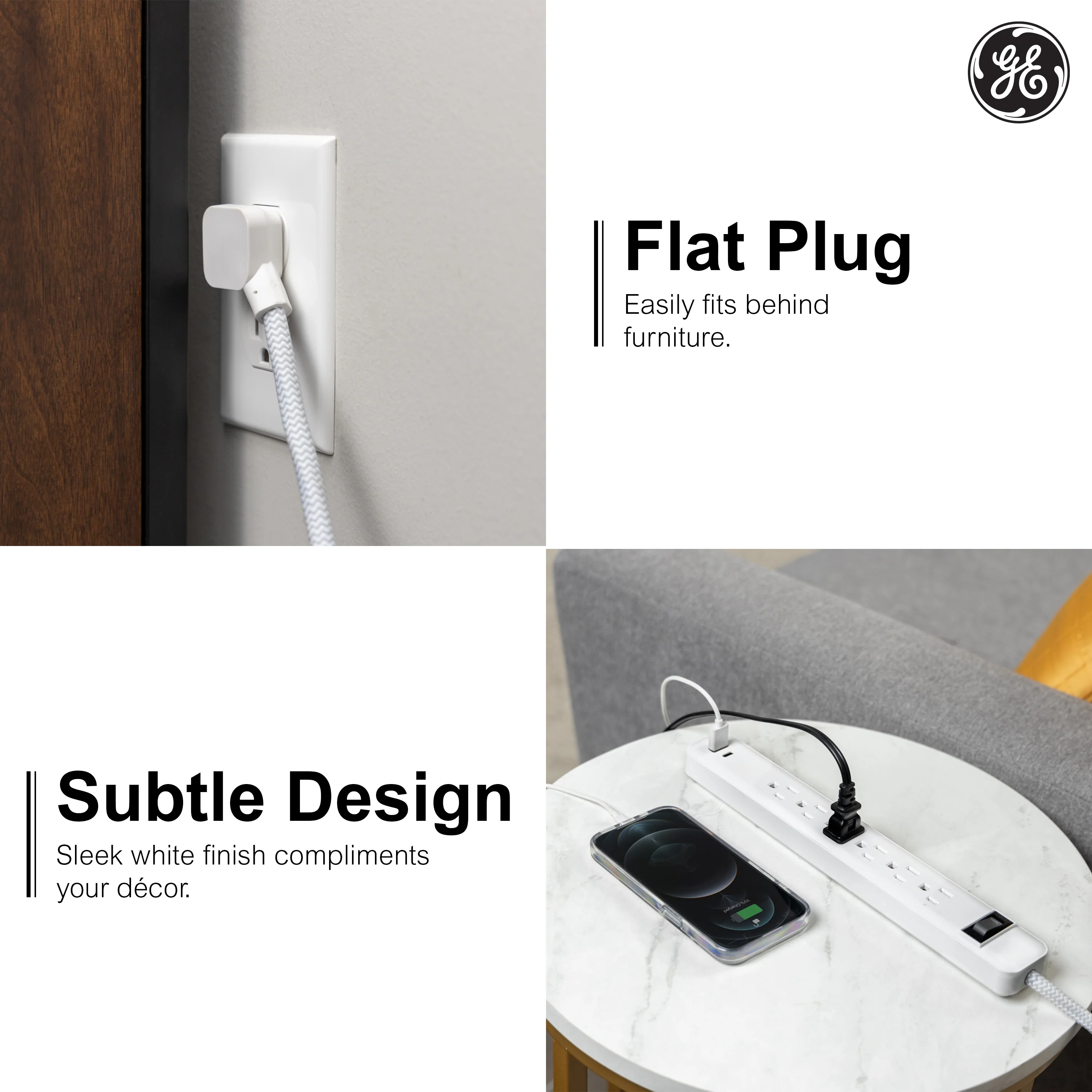 GE 6-Outlet Power Strip with USB, 1 USB-A & 1 USB-C, Flat Plug, White - Image 3