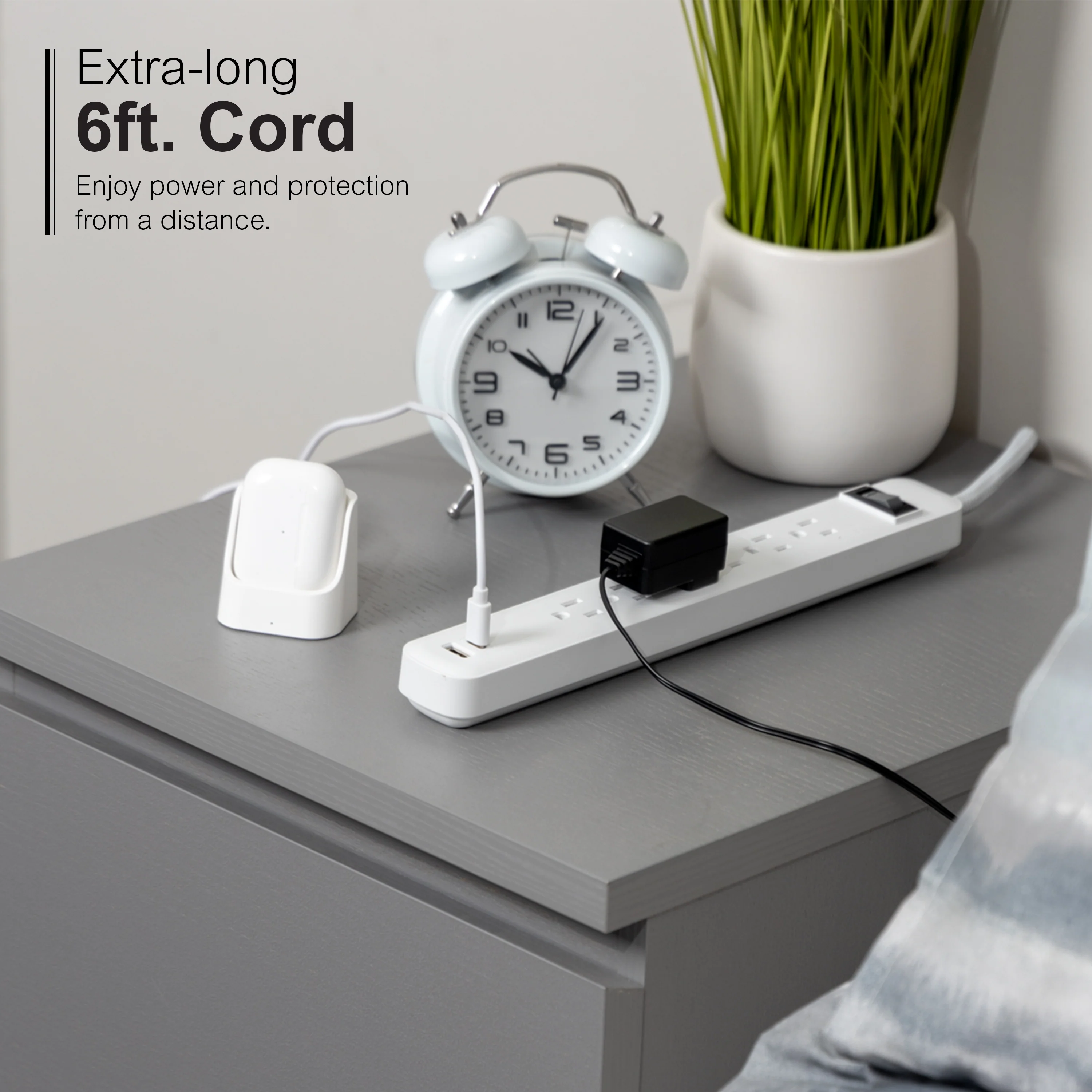 GE 6-Outlet Power Strip with USB, 1 USB-A & 1 USB-C, Flat Plug, White - Image 4