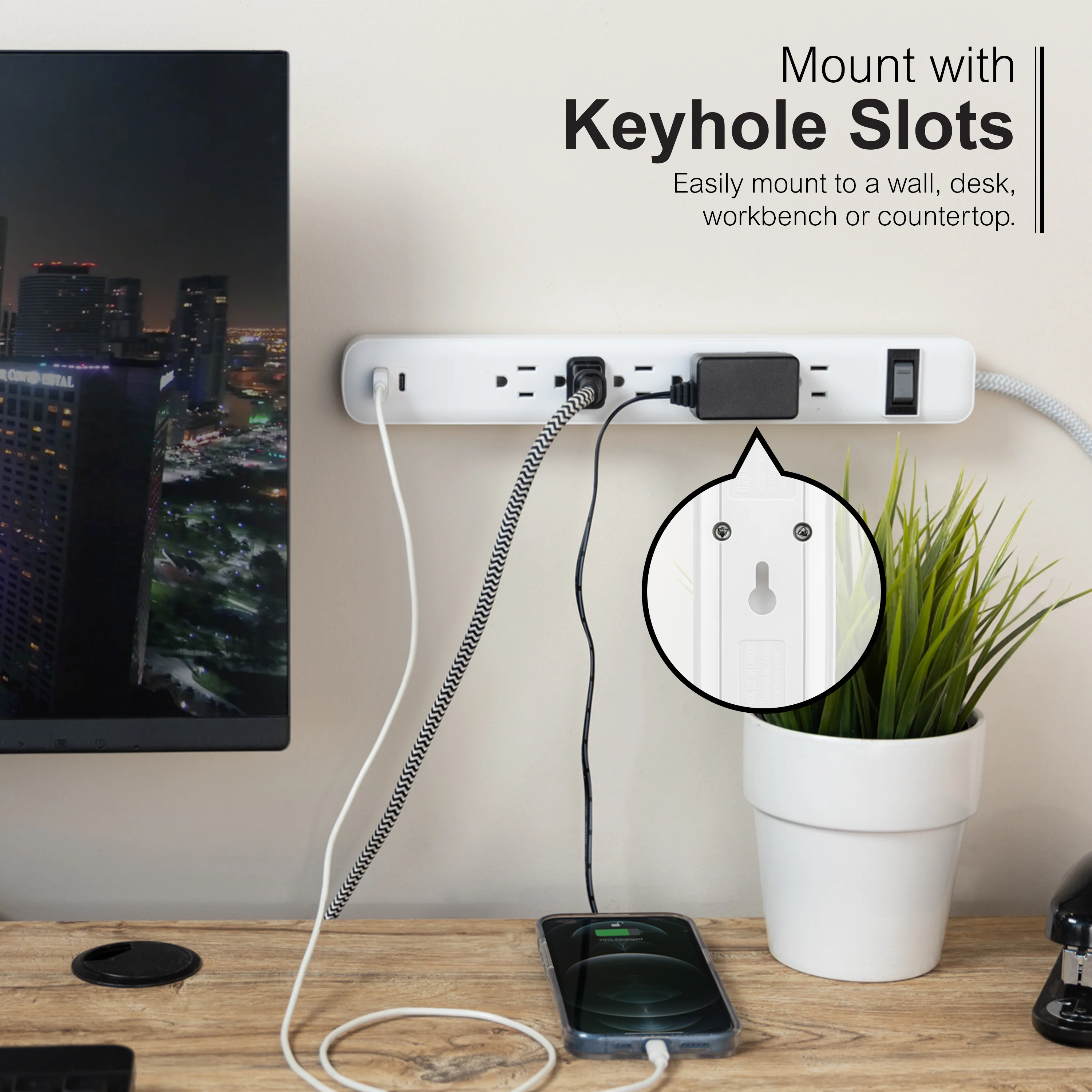 GE 6-Outlet Power Strip with USB, 1 USB-A & 1 USB-C, Flat Plug, White - Image 5