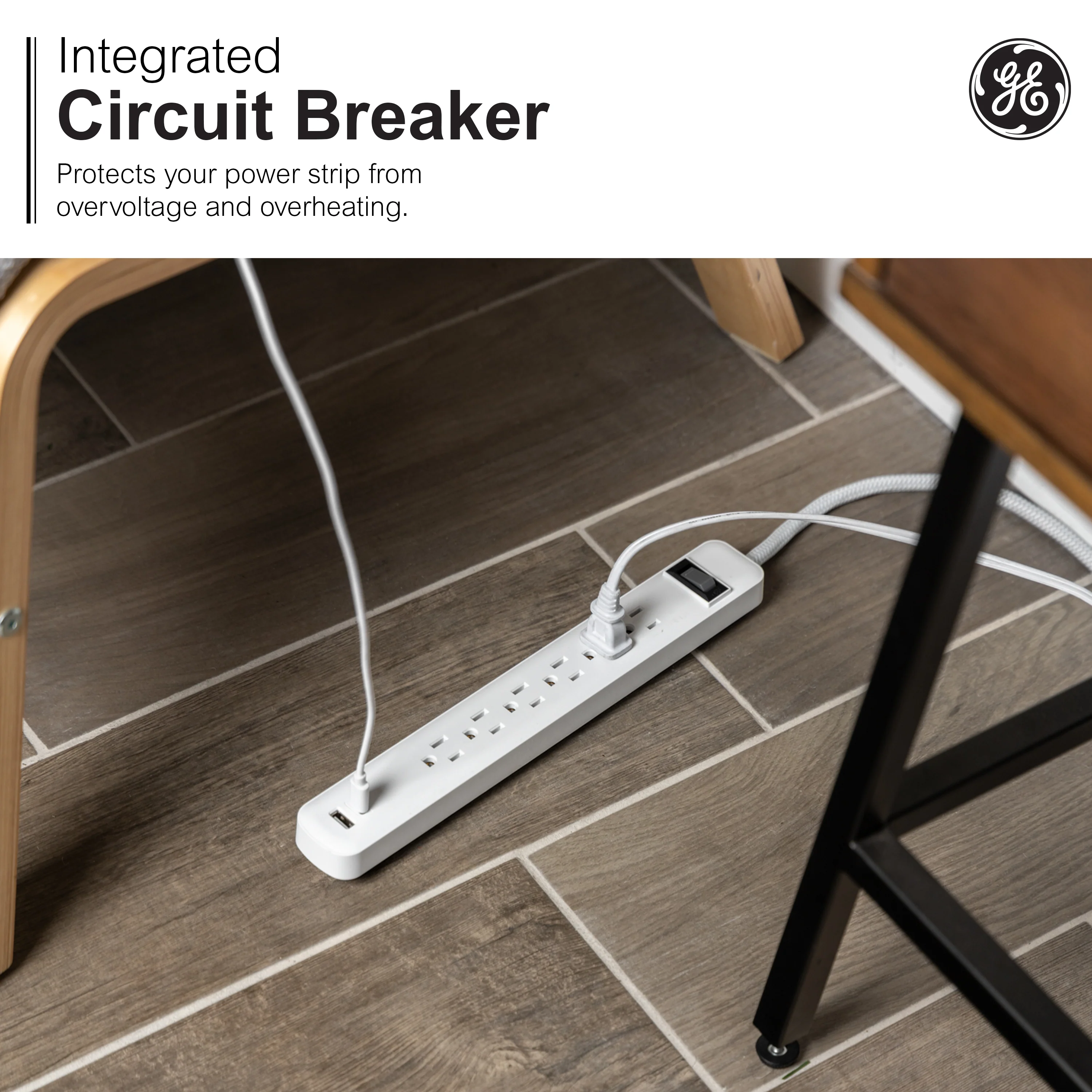 GE 6-Outlet Power Strip with USB, 1 USB-A & 1 USB-C, Flat Plug, White - Image 6