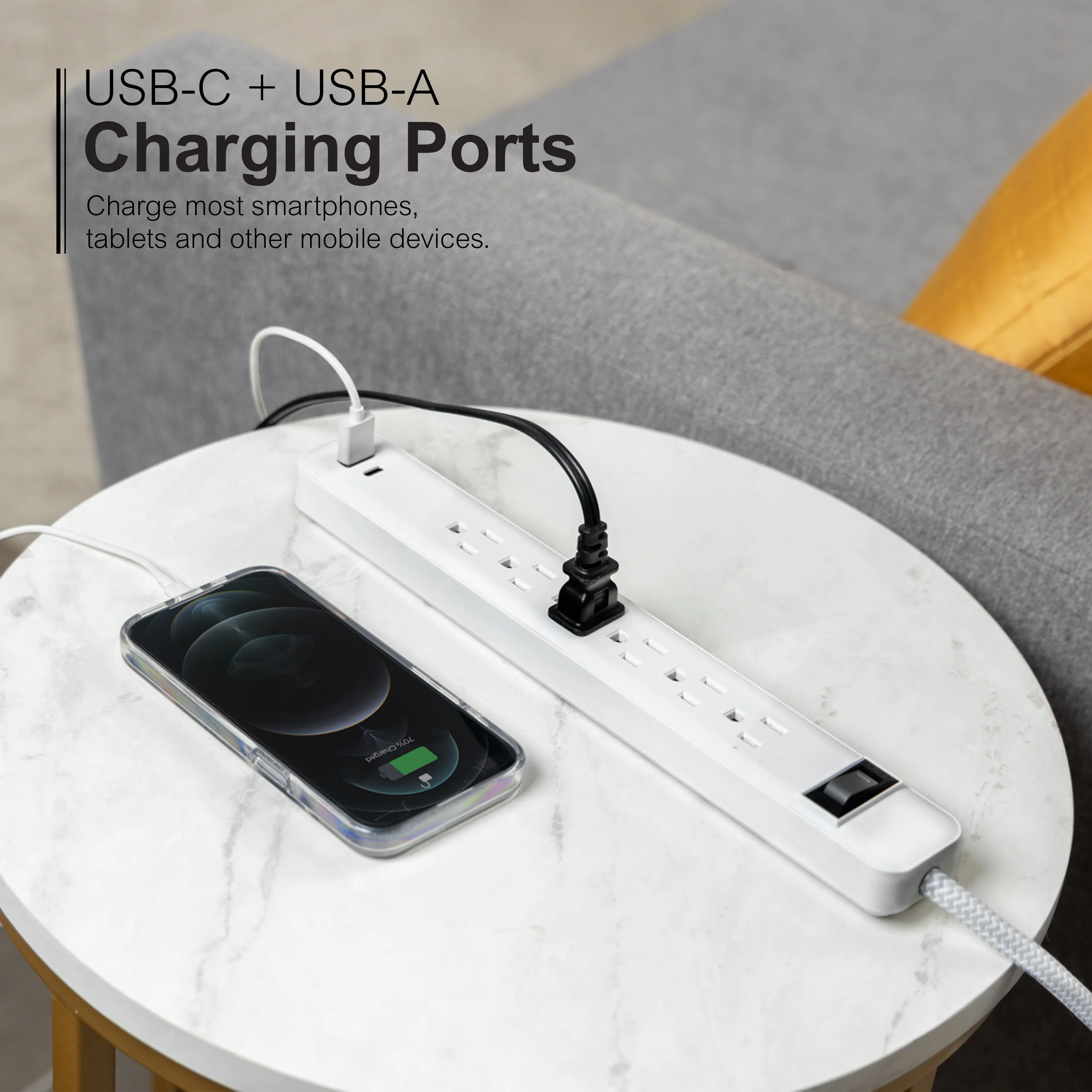 GE 6-Outlet Power Strip with USB, 1 USB-A & 1 USB-C, Flat Plug, White - Image 7