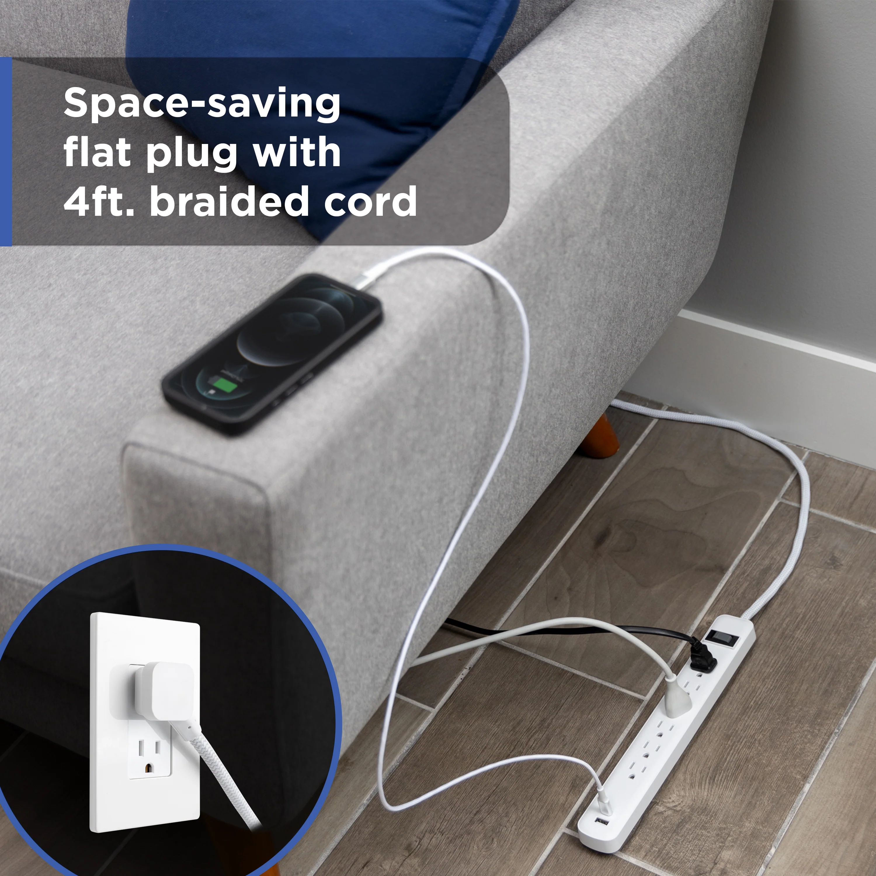 GE 6-Outlet Power Strip with USB, 1 USB-A & 1 USB-C Port, 4ft Braided Extension Cord, White - Image 3