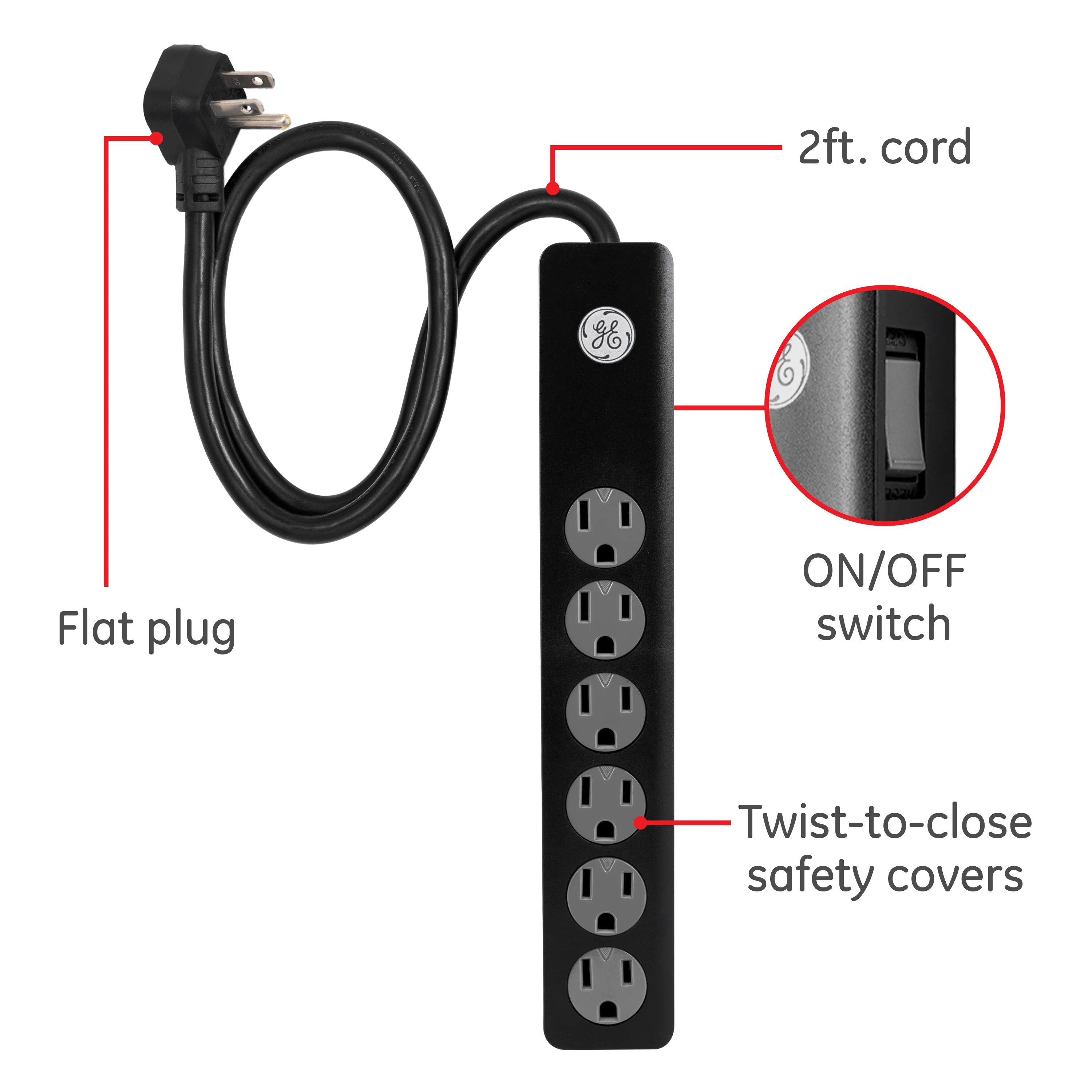 GE 6-Outlet Surge Protector Extension Cord, 450J, Black, 2ft., 2pk - Image 2