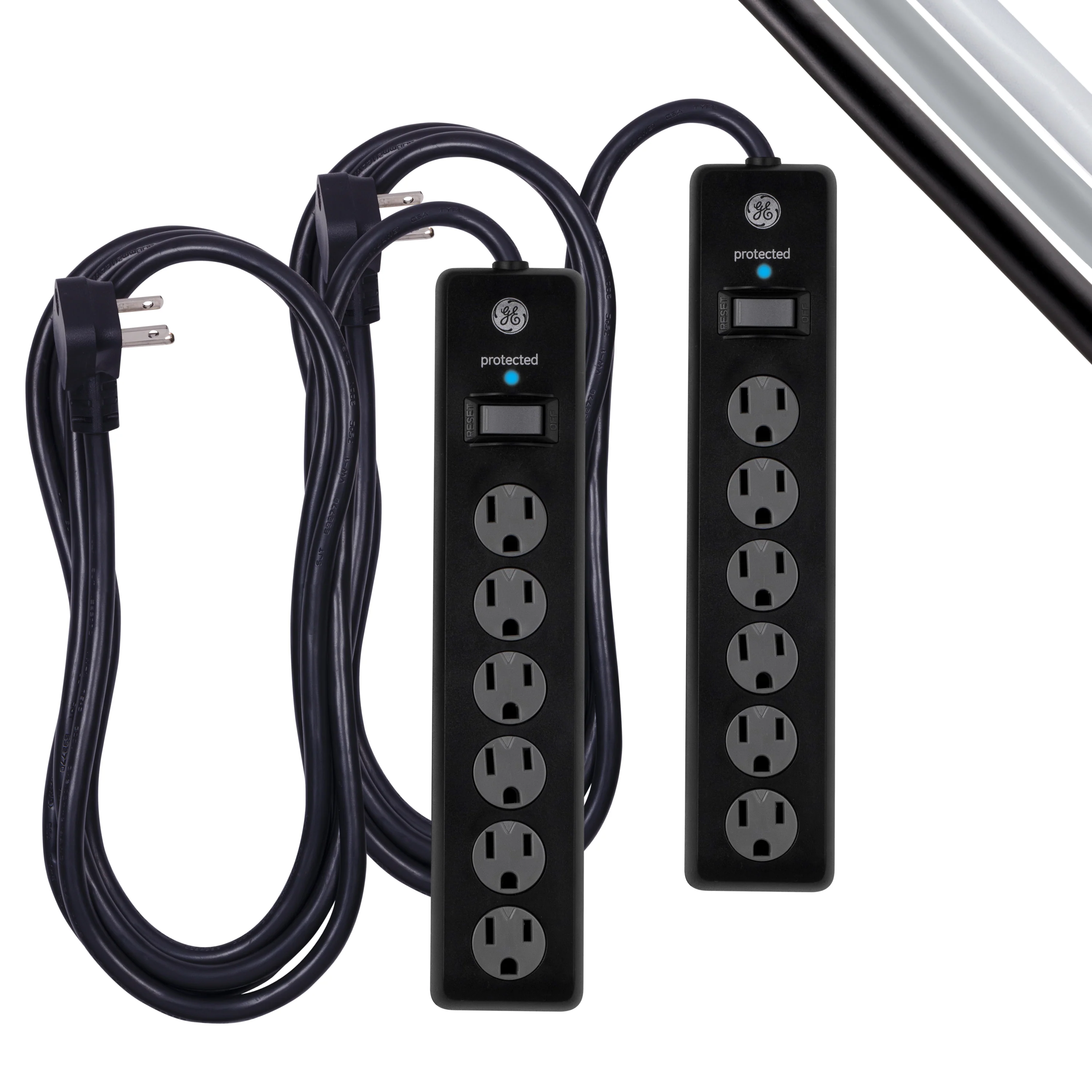 GE 6-Outlet Surge Protector Extension Cord, 800J, Black, 10ft., 2pk