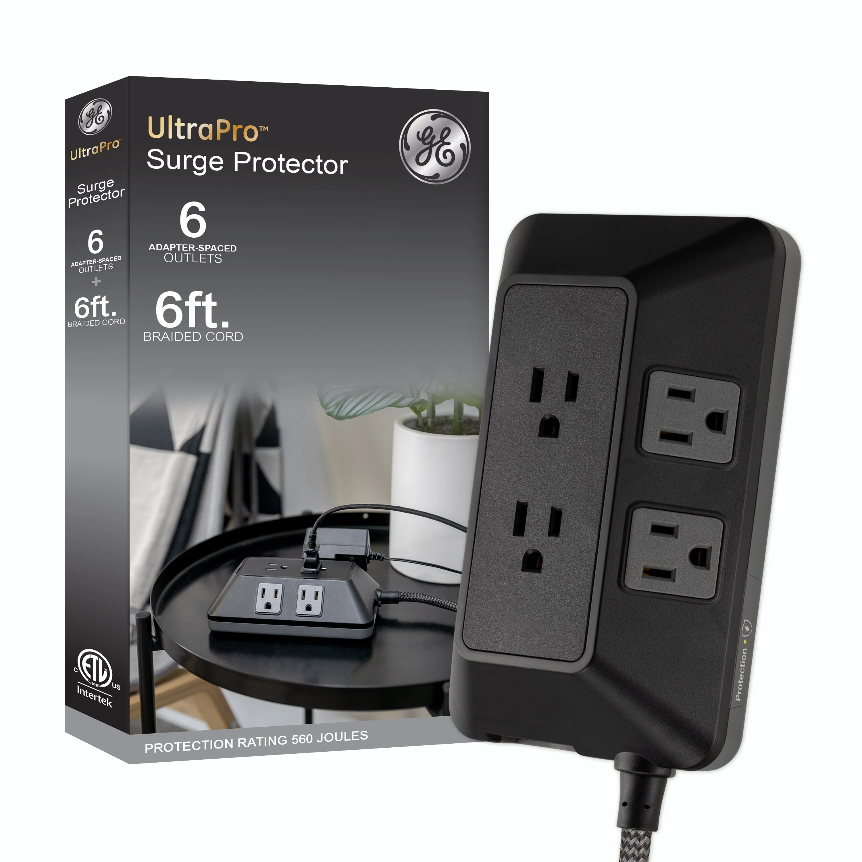 GE 6-Outlet Surge Protector With Adapter-Spaced Outlets, 6ft. Braided Cord, Black