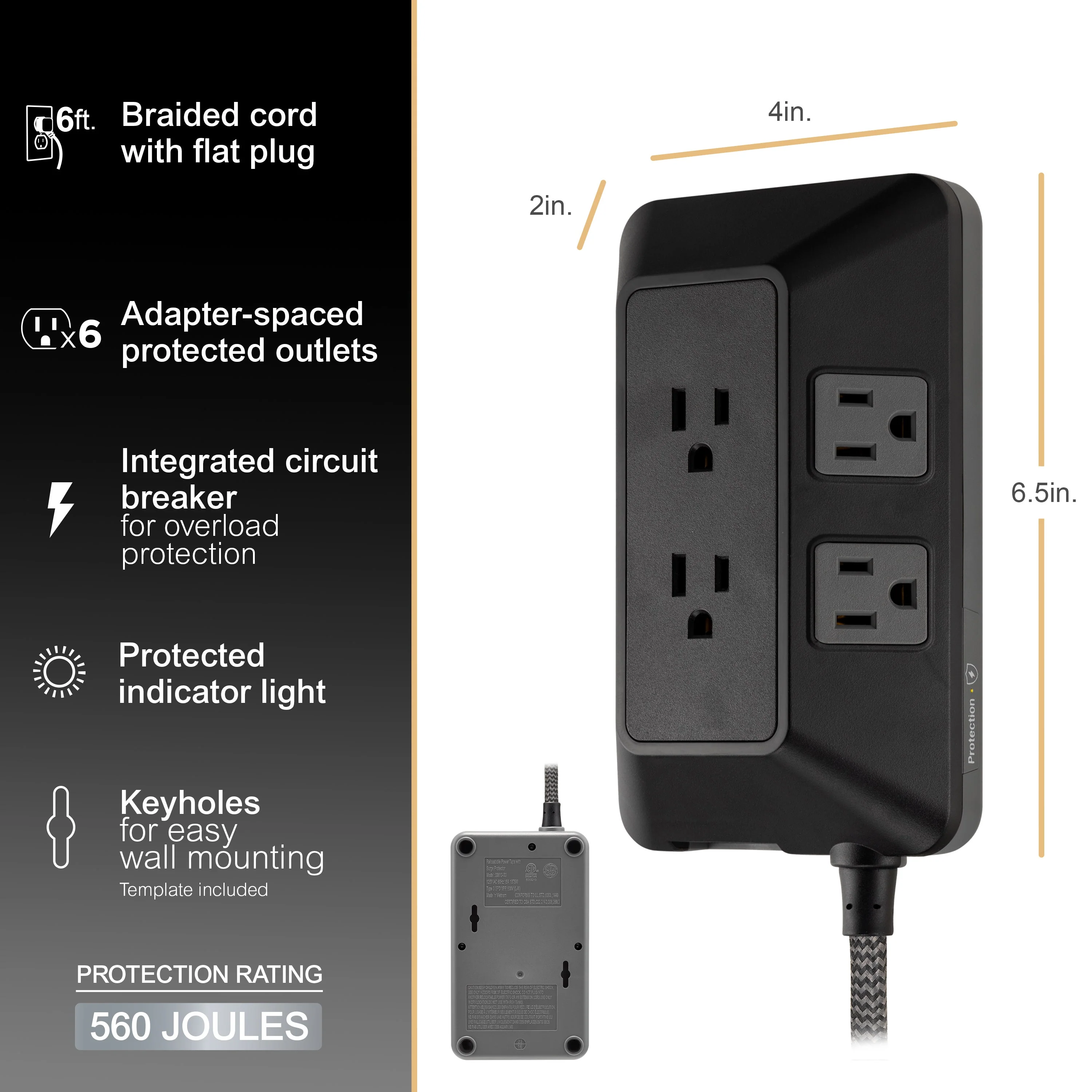 GE 6-Outlet Surge Protector With Adapter-Spaced Outlets, 6ft. Braided Cord, Black - Image 3