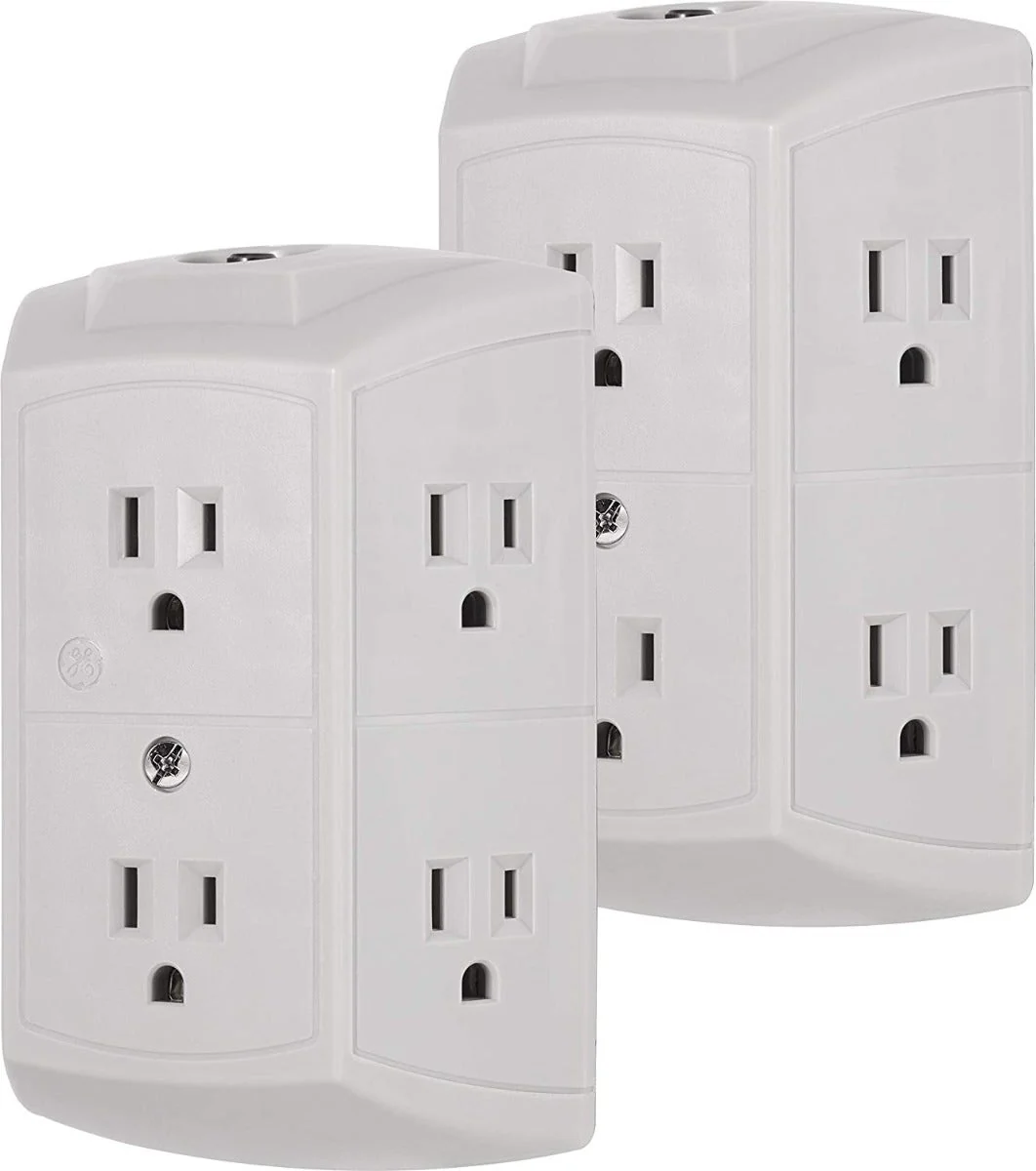 GE 6-Outlet Wall Tap with Resettable Circuit Breaker, 2 Pack, Gray