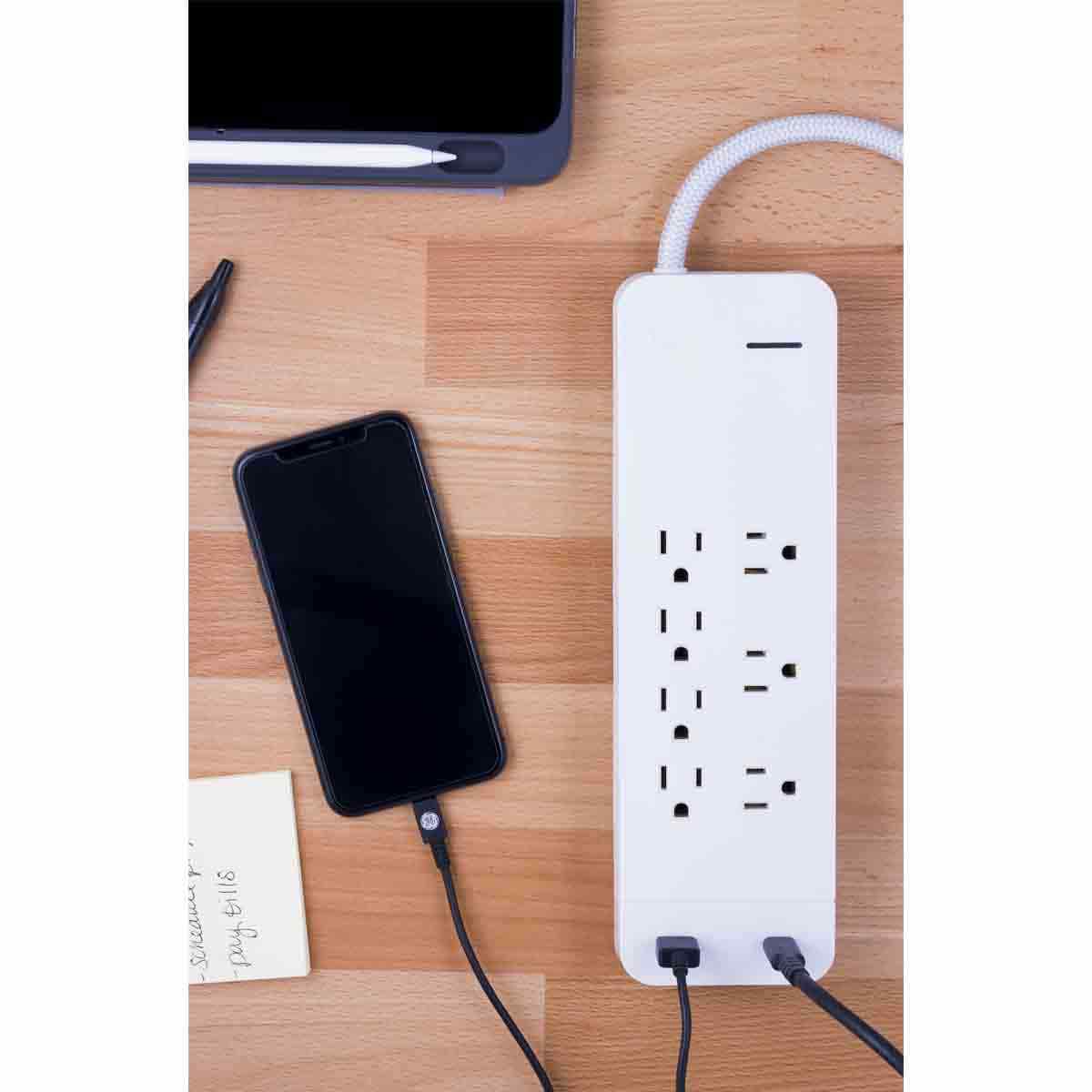 GE 7-Outlet 2-USB 4ft. Surge Protector with USB-C and Braided Cord, White - Image 5
