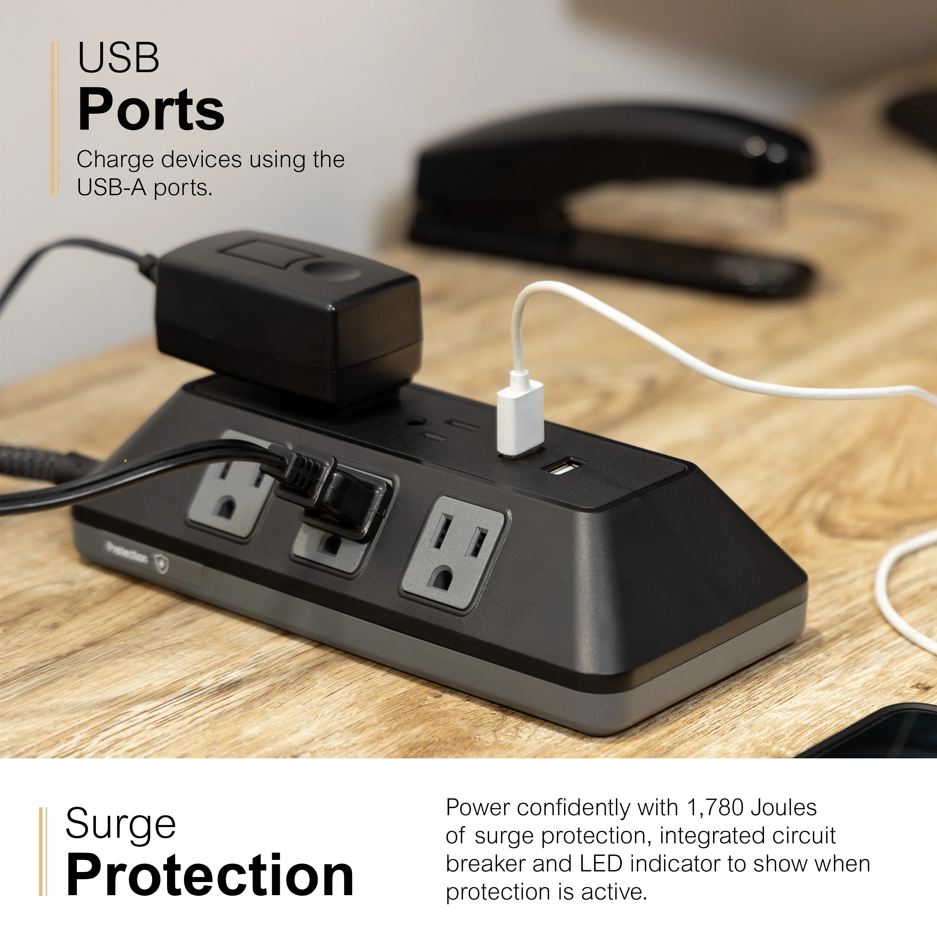 GE 8-Outlet 2-USB 3ft. Surge Protector with Adapter-Spaced Outlets, Black - Image 7
