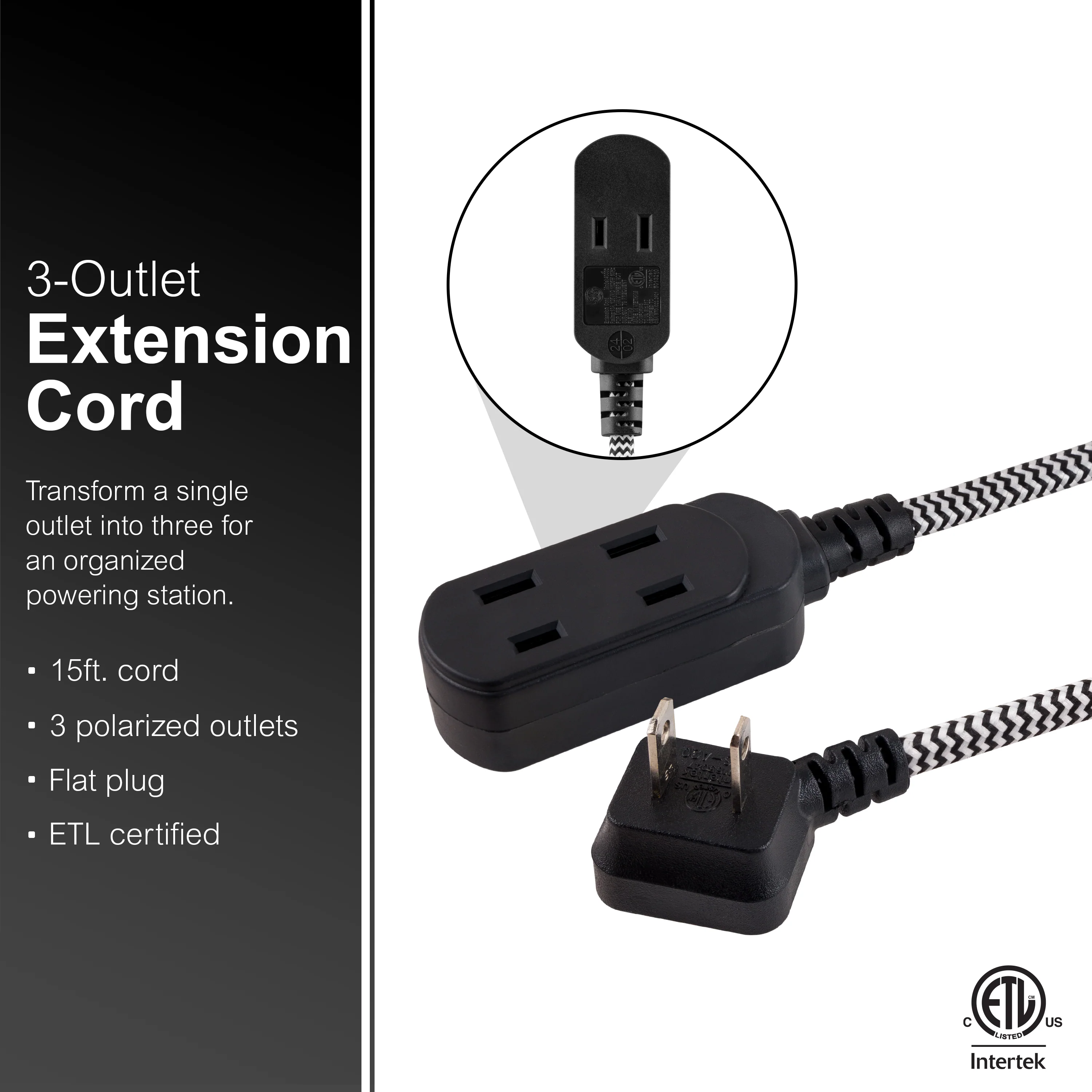 GE-branded 15ft. 3-Outlet Polarized Extension Cord, Black/White, Braided Cord - Image 2