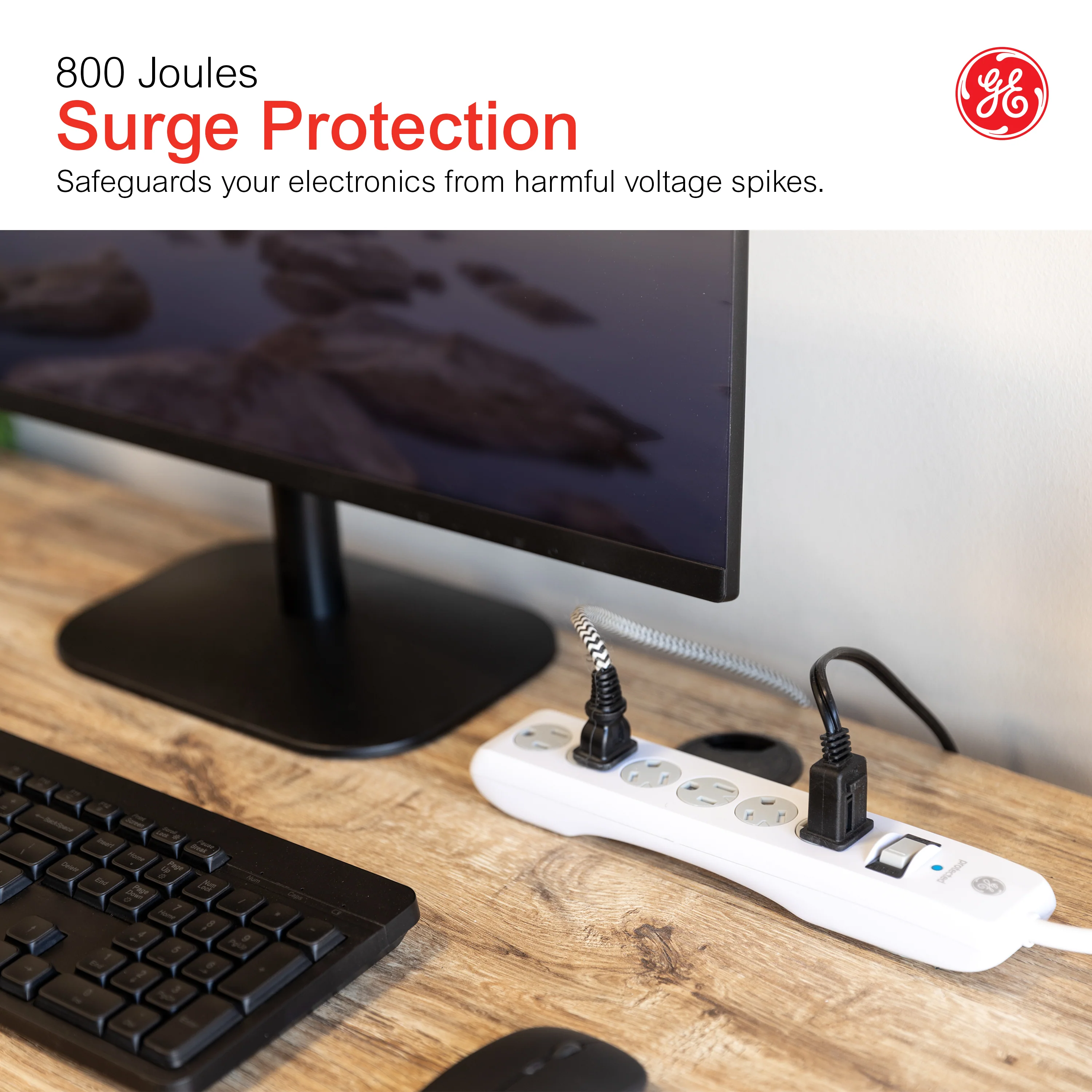 GE-branded 6-Outlet Surge Protector, 800J, 8ft. Cord, Safety Covers, White - Image 6