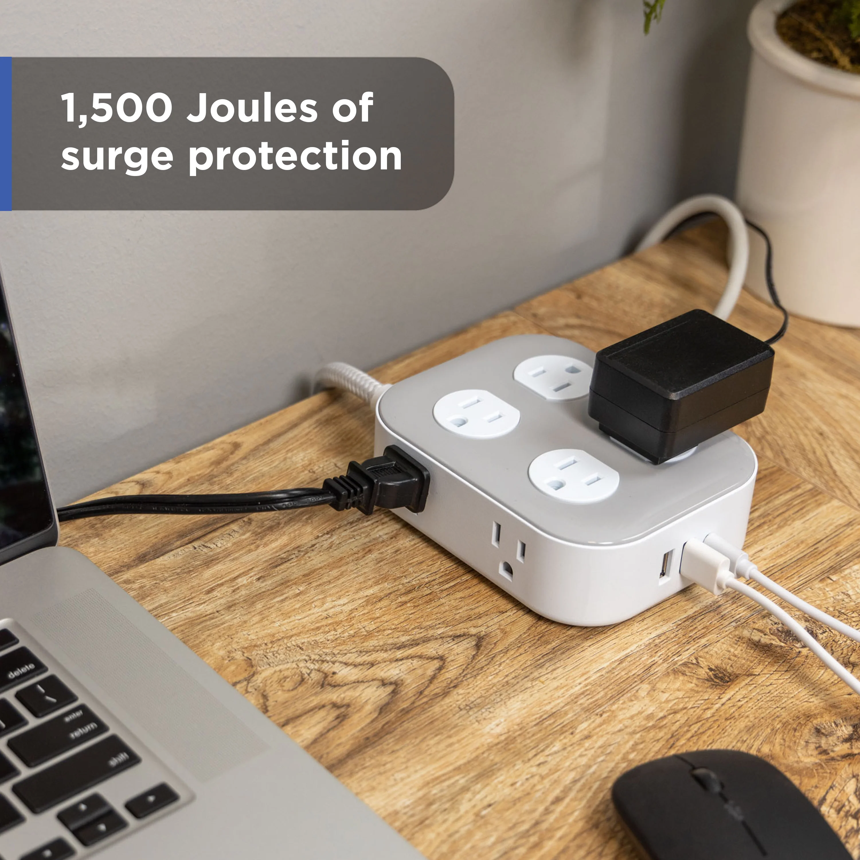 GE-branded Adapt UltraPro 8-Outlet Surge Protector, 2 USB-A, 1 USB-C, 1500 Joules, 6ft., White/Gray - Image 3
