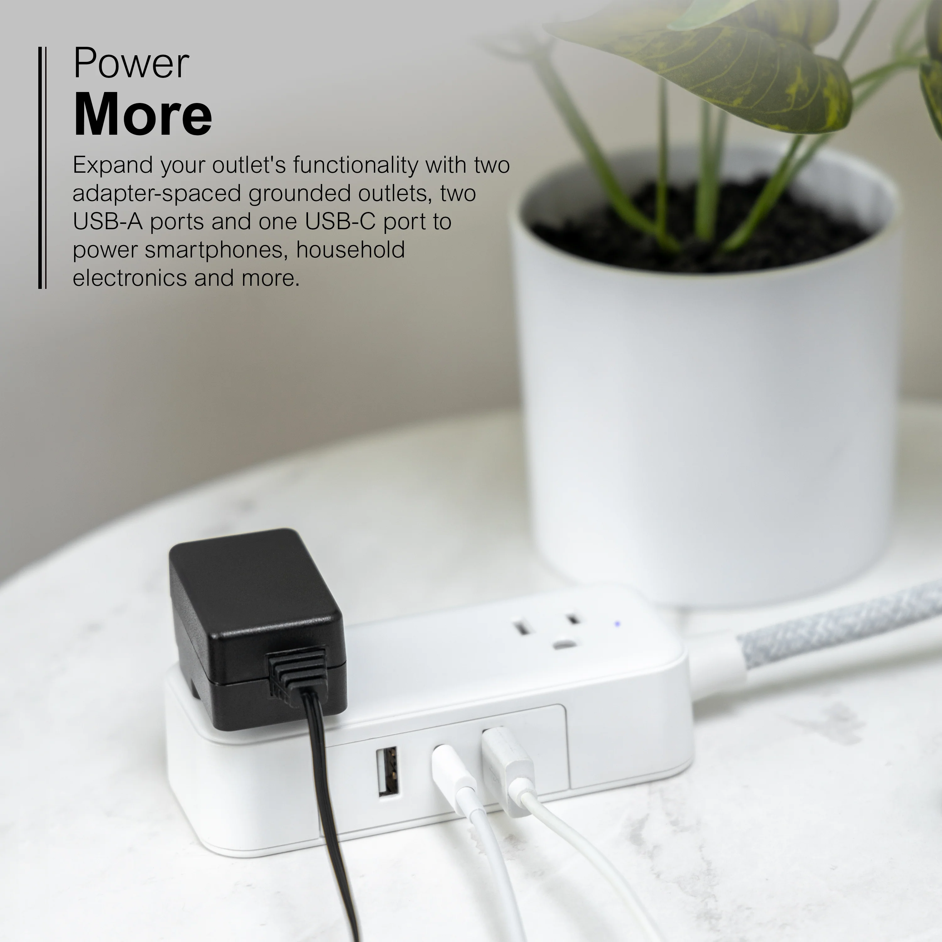 GE-branded Extension Cord with USB Charging 2 USB-A, 1 USB-C, 2 outlets, 6ft. Braided Cord, White/Gray - Image 4