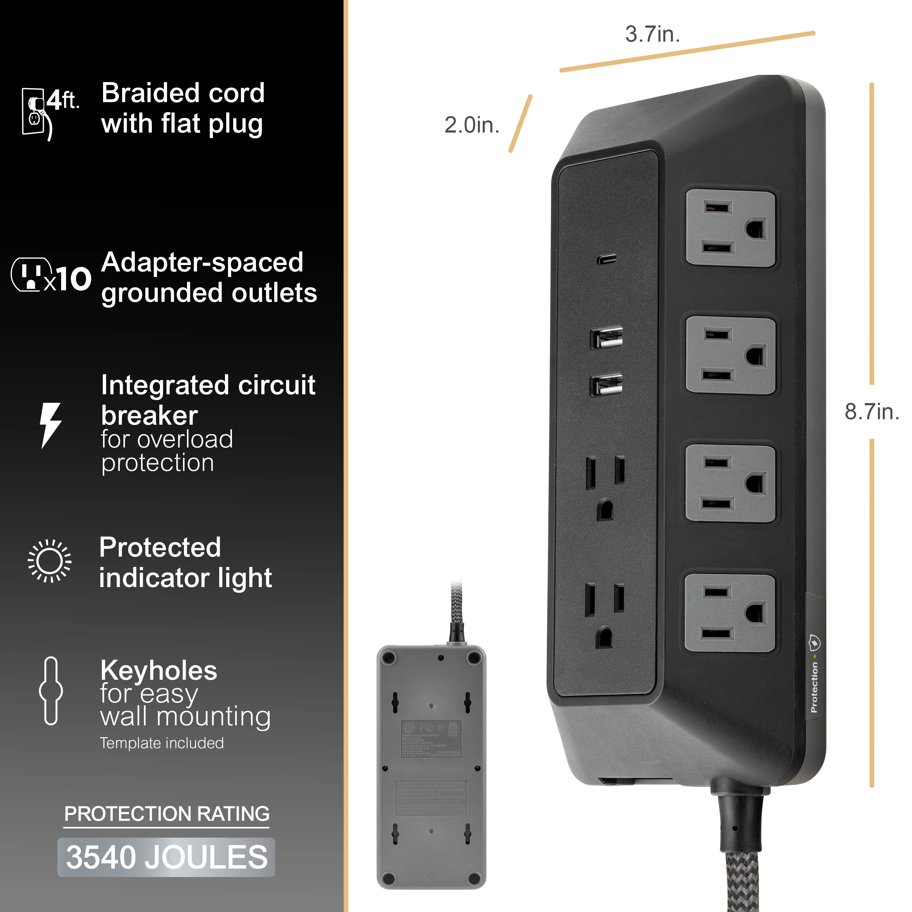 GE-branded UltraPro 10-Outlet Surge Protector, 3540J, 4ft. Braided Cord, Black - Image 2