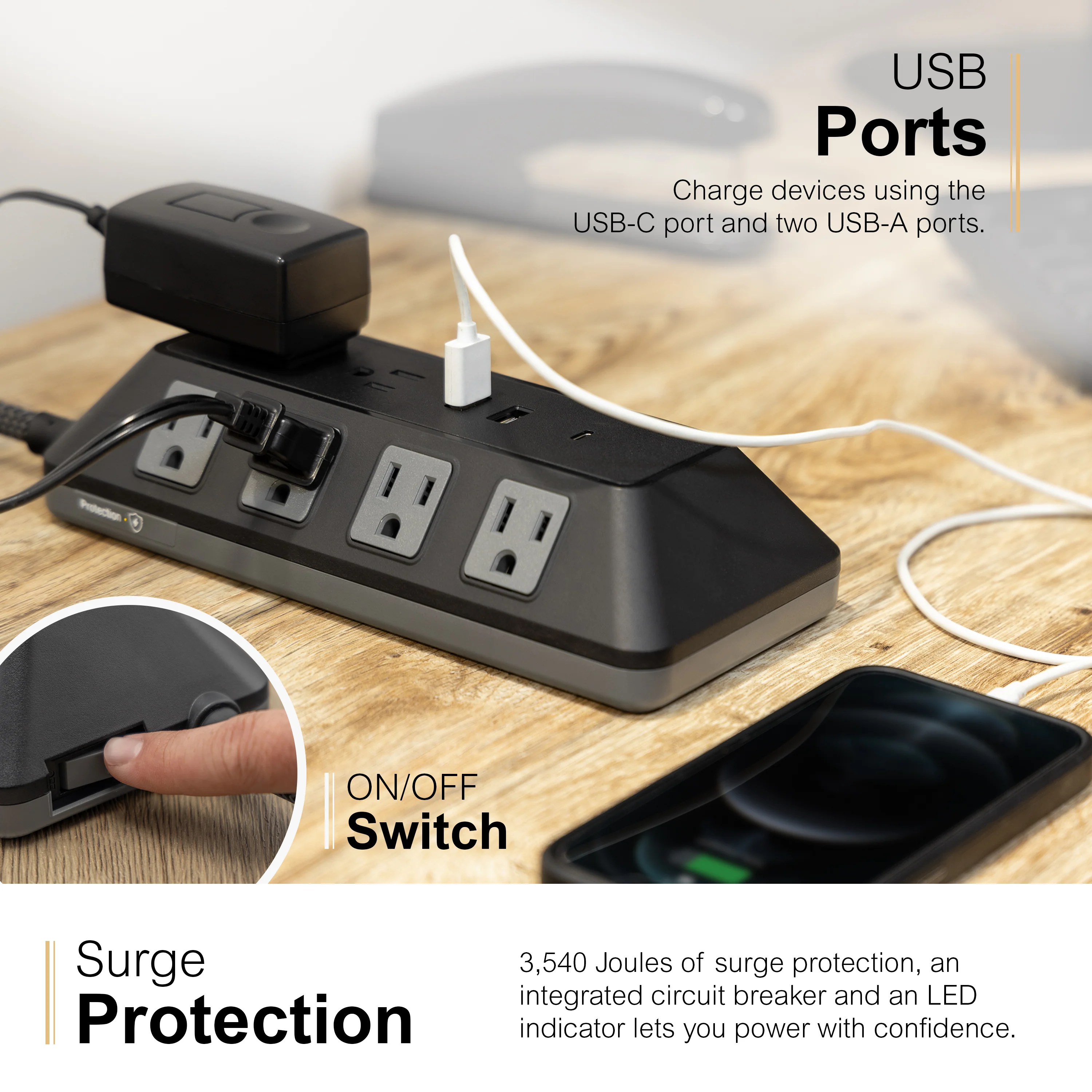 GE-branded UltraPro 10-Outlet Surge Protector, 3540J, 4ft. Braided Cord, Black - Image 5
