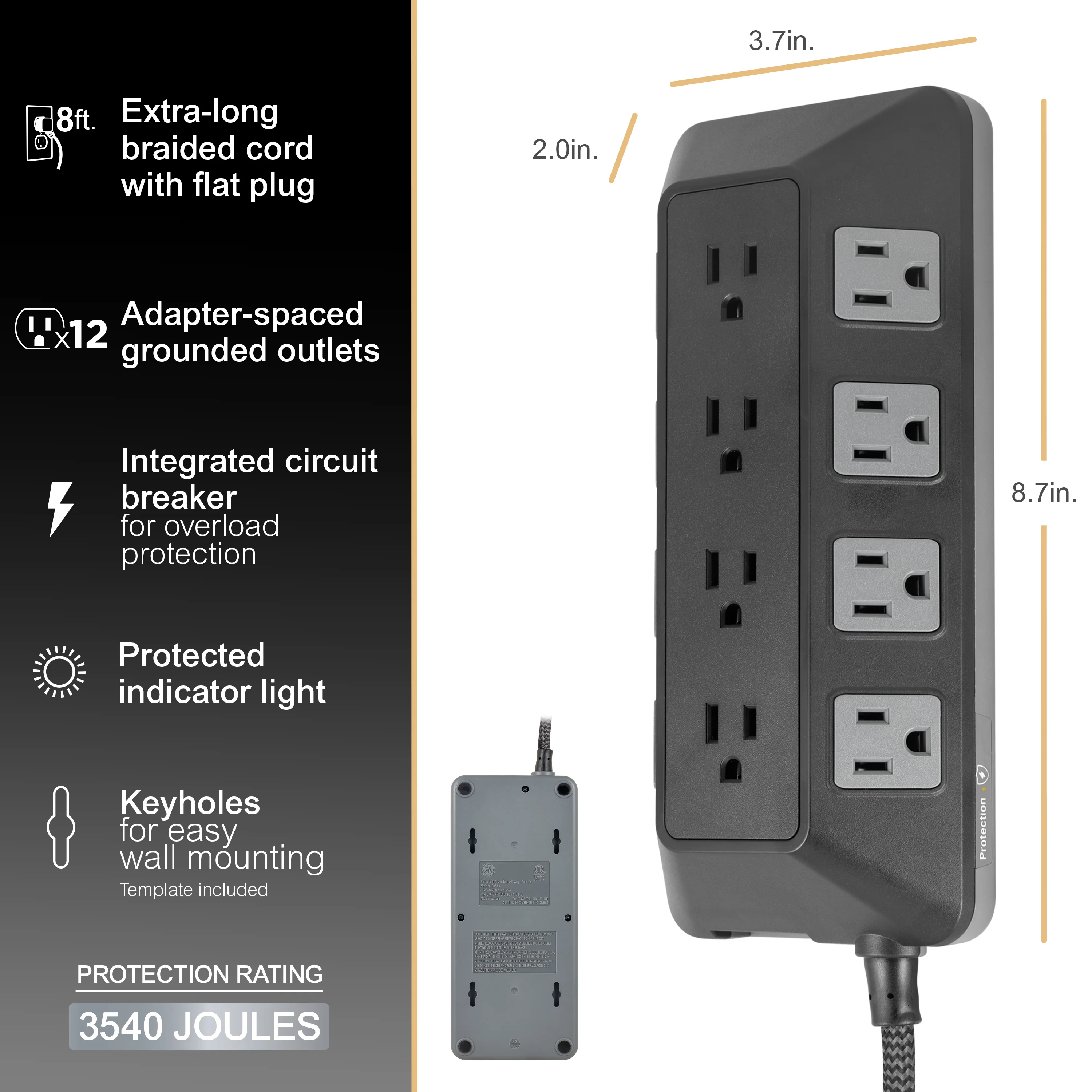 GE-branded UltraPro 12-Outlet Surge Protector, 3540J, 8ft. Braided Cord, Black - Image 2