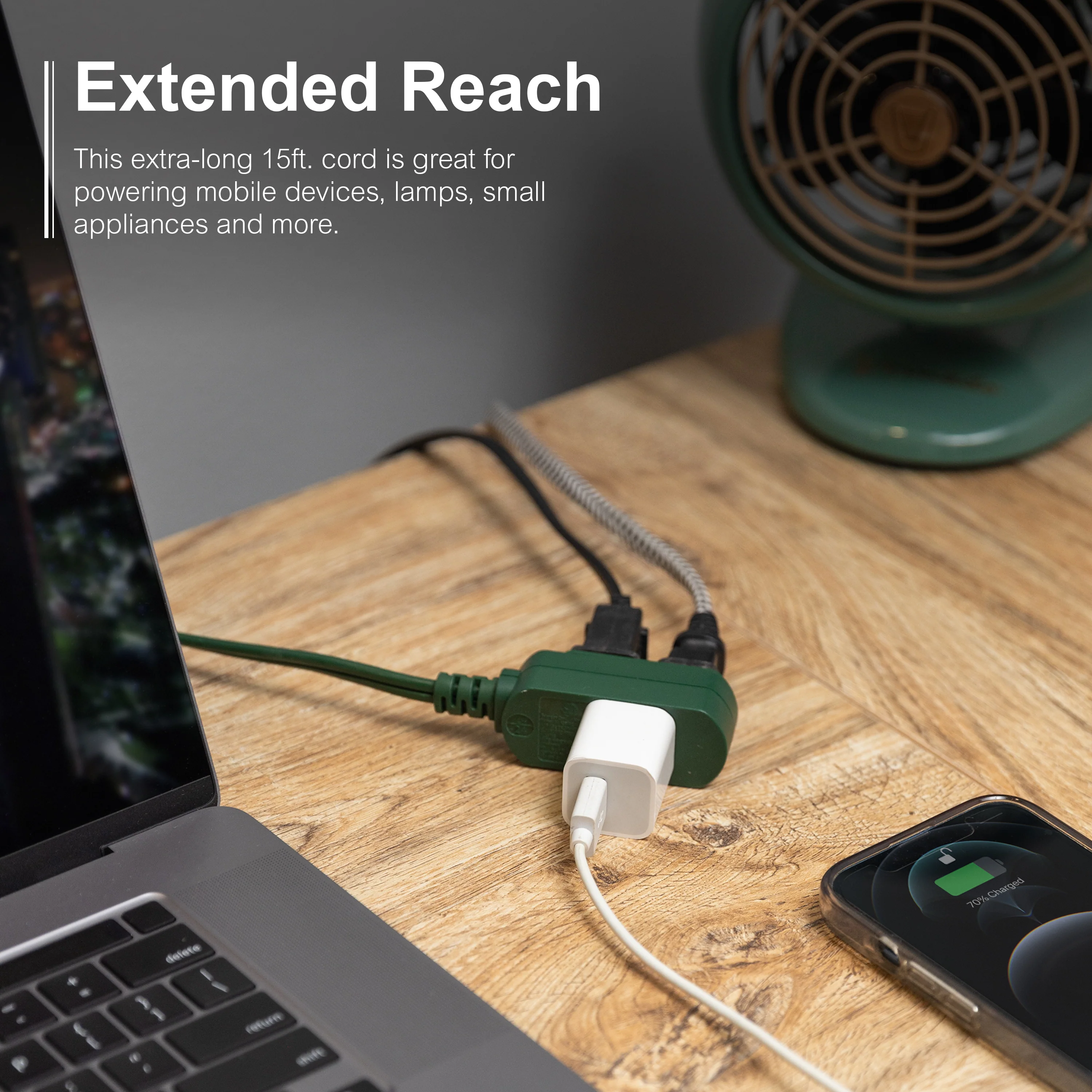 GE-branded UltraPro 3-Outlet Polarized Extension Cord, 15ft., Indoor, Green - Image 5