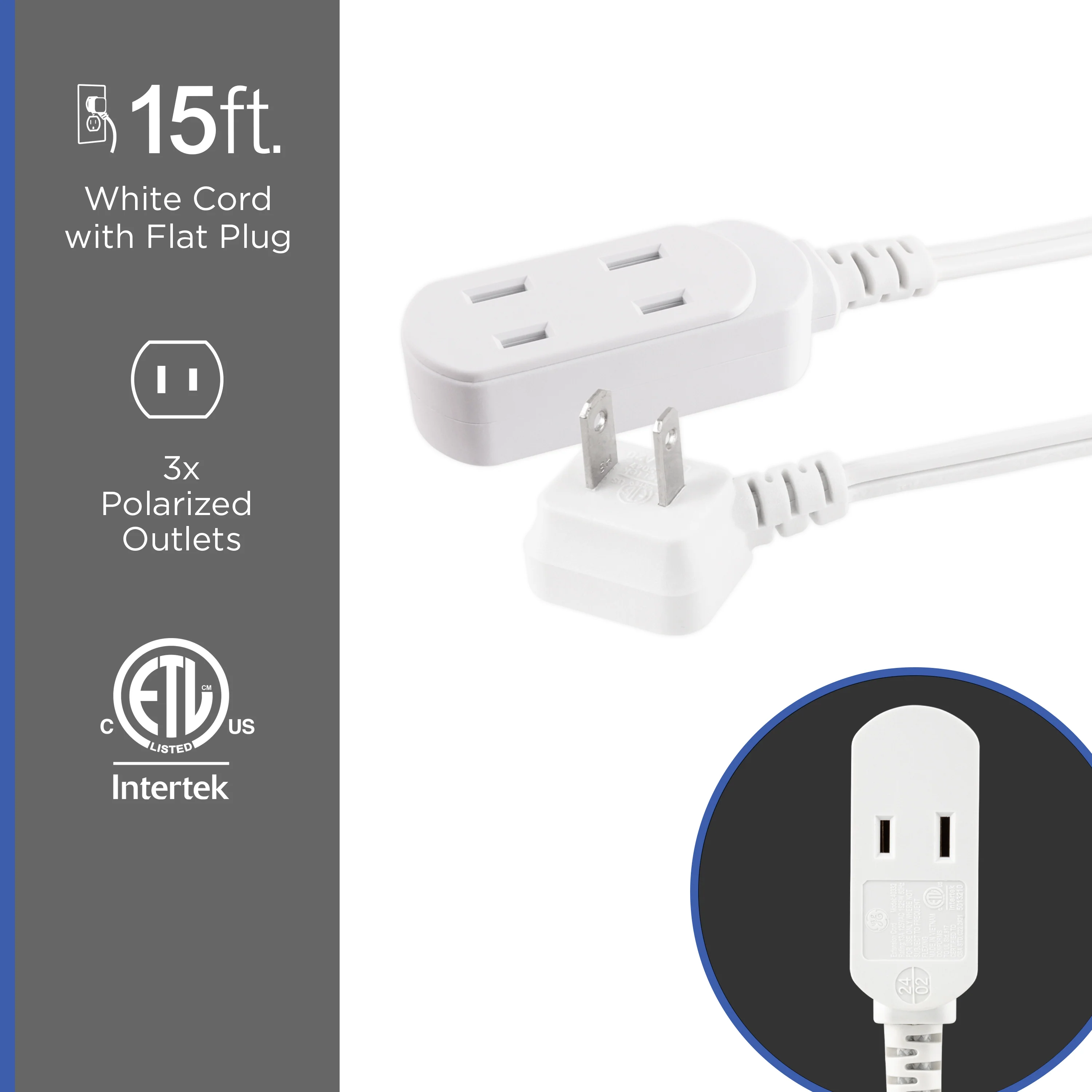 GE-branded UltraPro 3-Outlet Polarized Extension Cord, 15ft., Indoor, White - Image 2