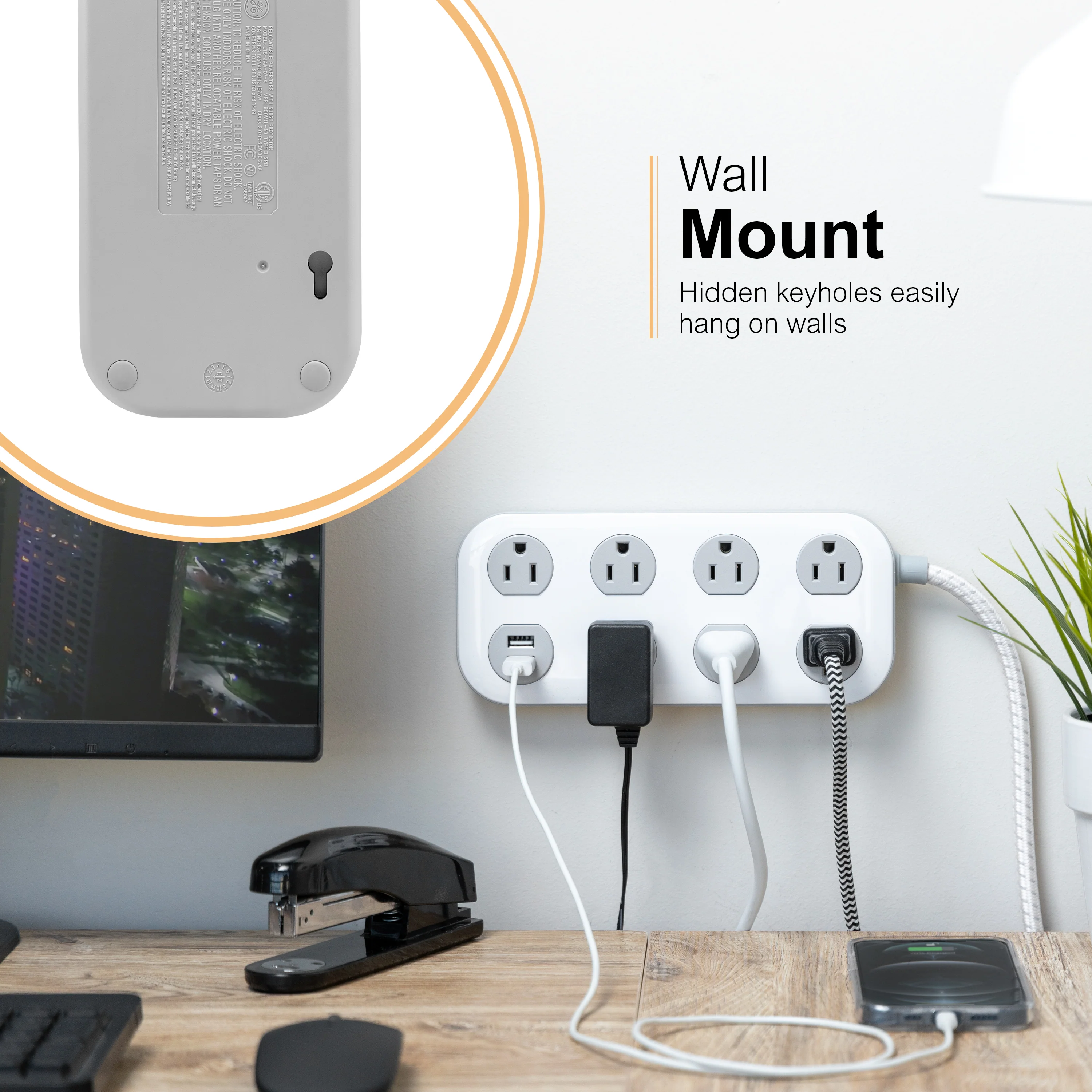 GE-branded UltraPro 7-Outlet Surge Protector, 2 USB-A, 1470 Joules, 4ft., White/Gray - Image 2