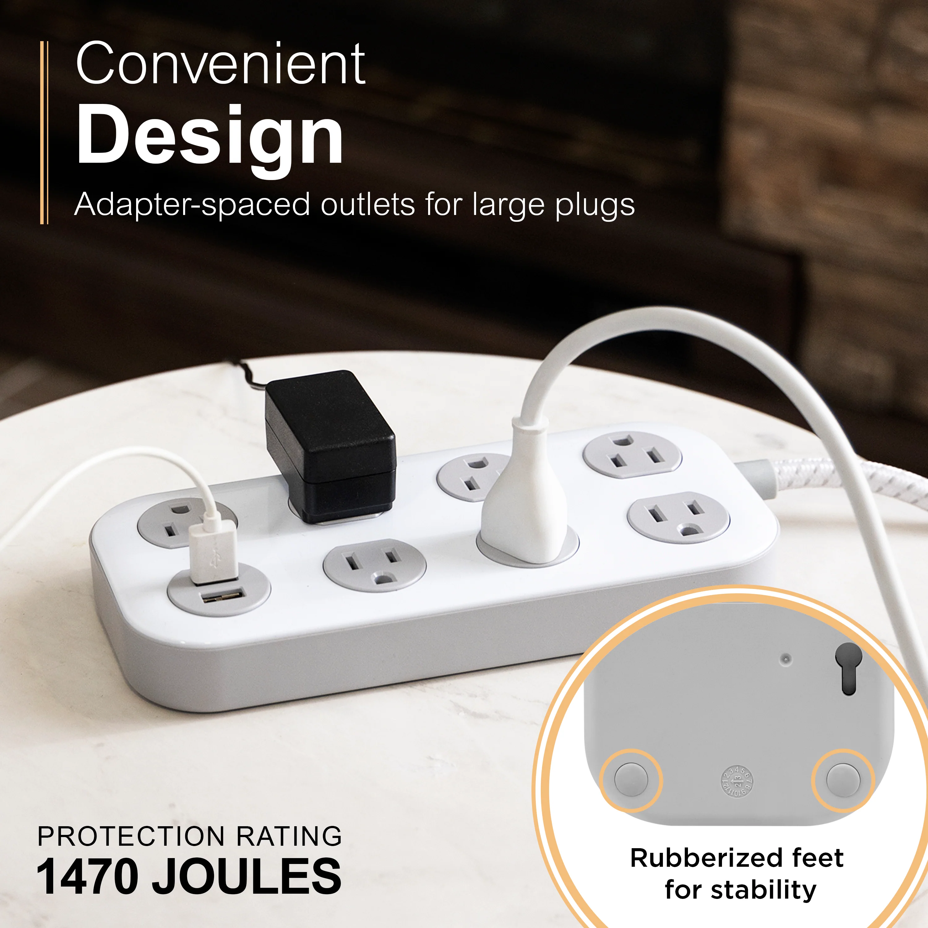 GE-branded UltraPro 7-Outlet Surge Protector, 2 USB-A, 1470 Joules, 4ft., White/Gray - Image 3