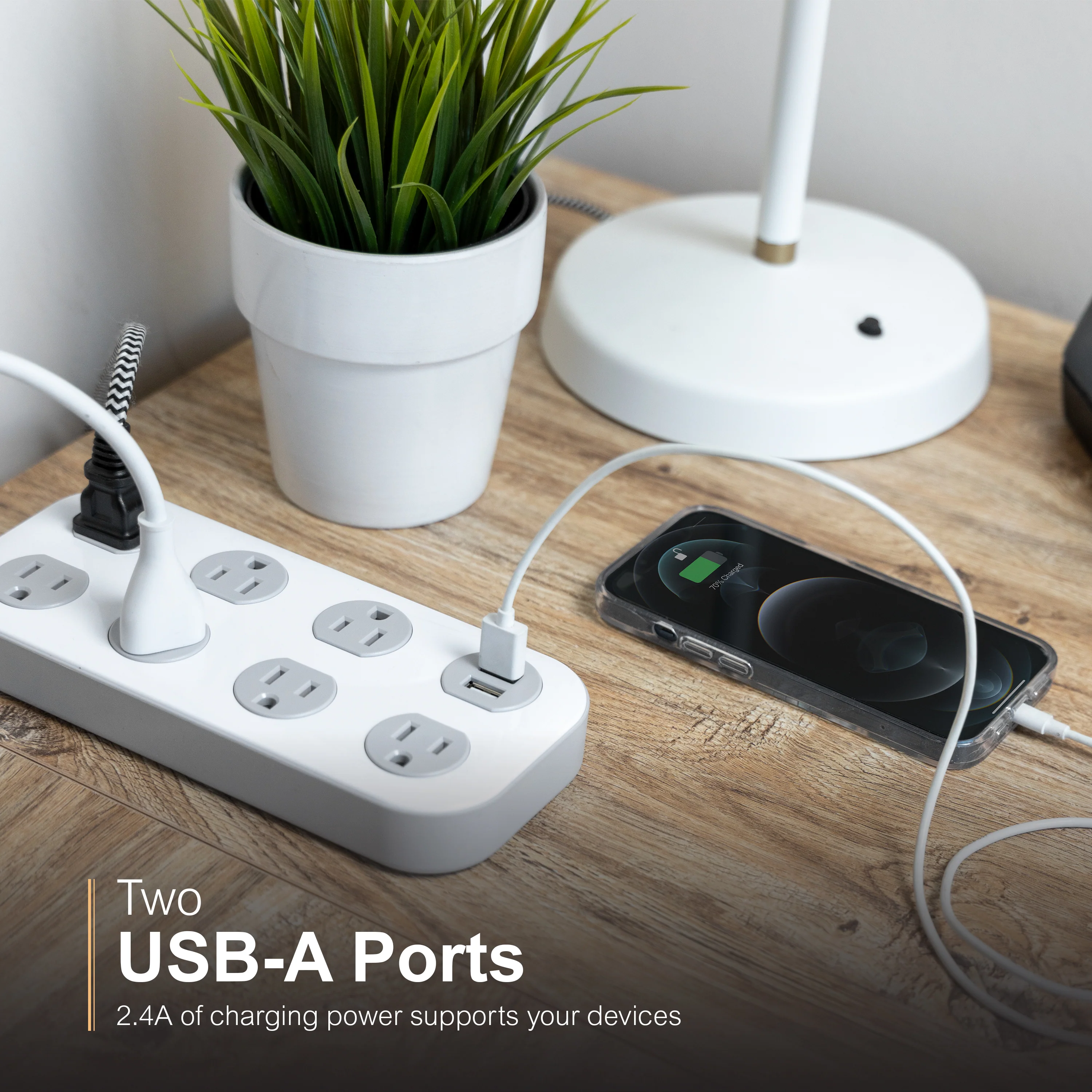 GE-branded UltraPro 7-Outlet Surge Protector, 2 USB-A, 1470 Joules, 4ft., White/Gray - Image 4