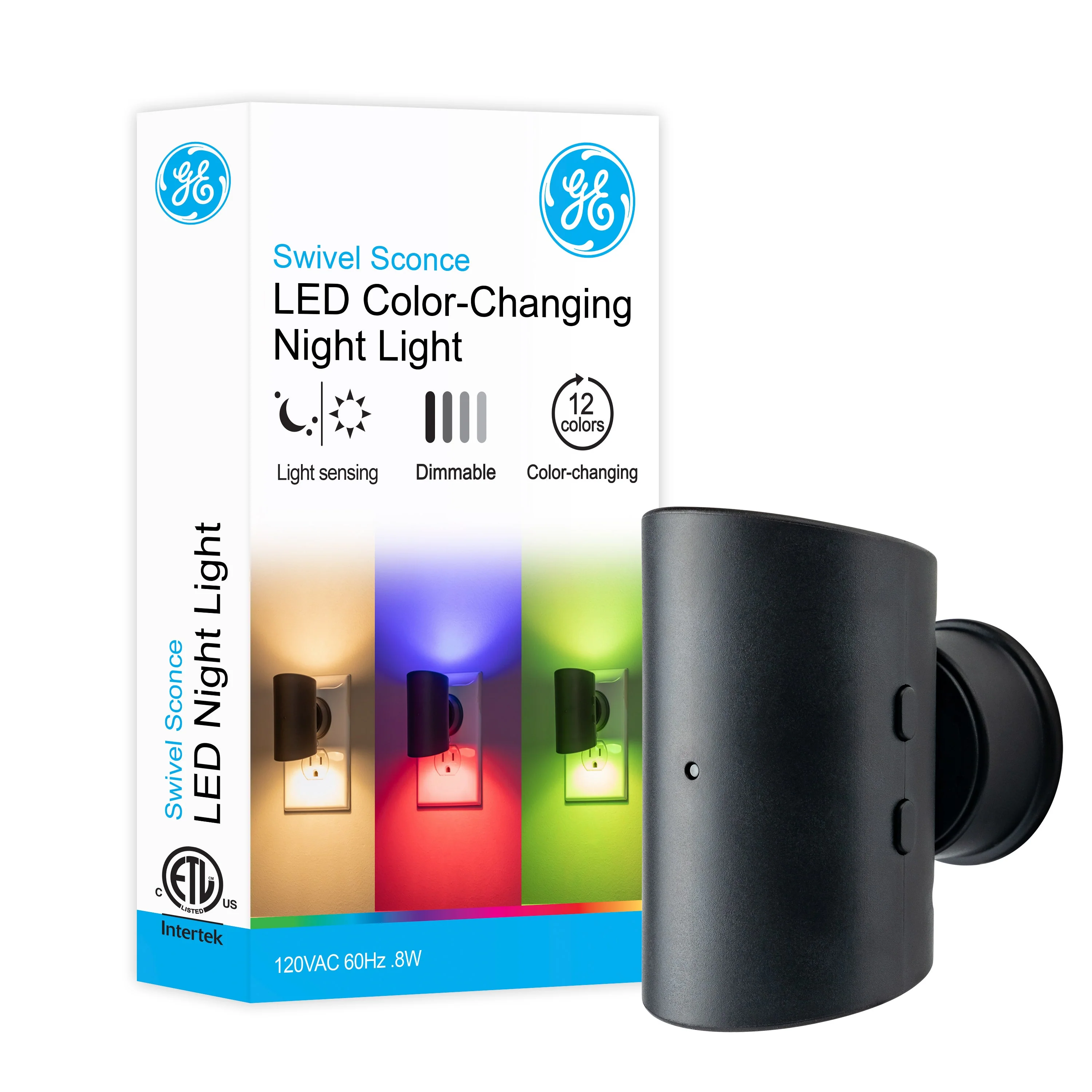 GE Color-Changing Light Sensing Swivel Night Light, Black - Image 2