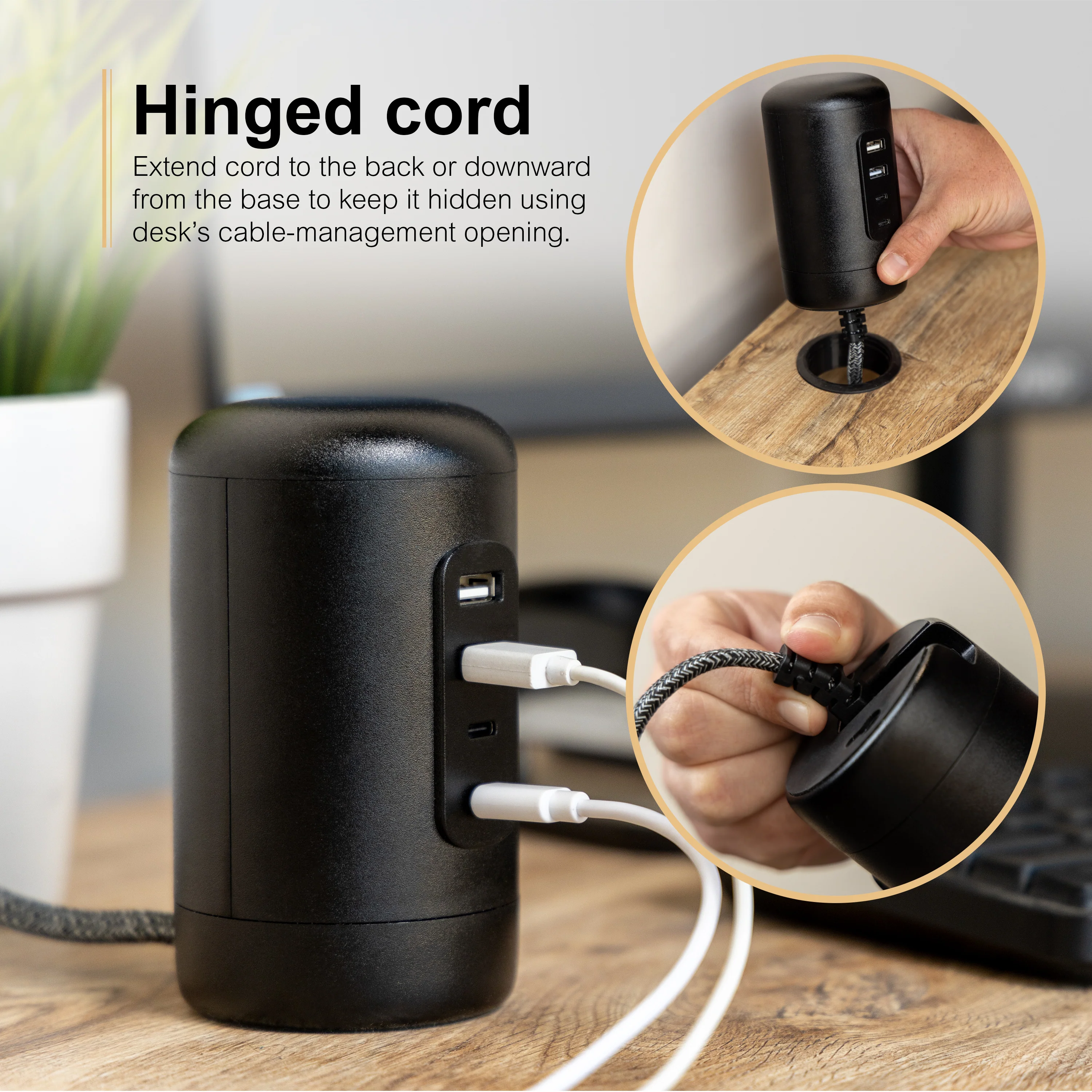 GE Desktop Power Hub, 2 USB-A, 2 USB-C, 5ft. cord, black - Image 3